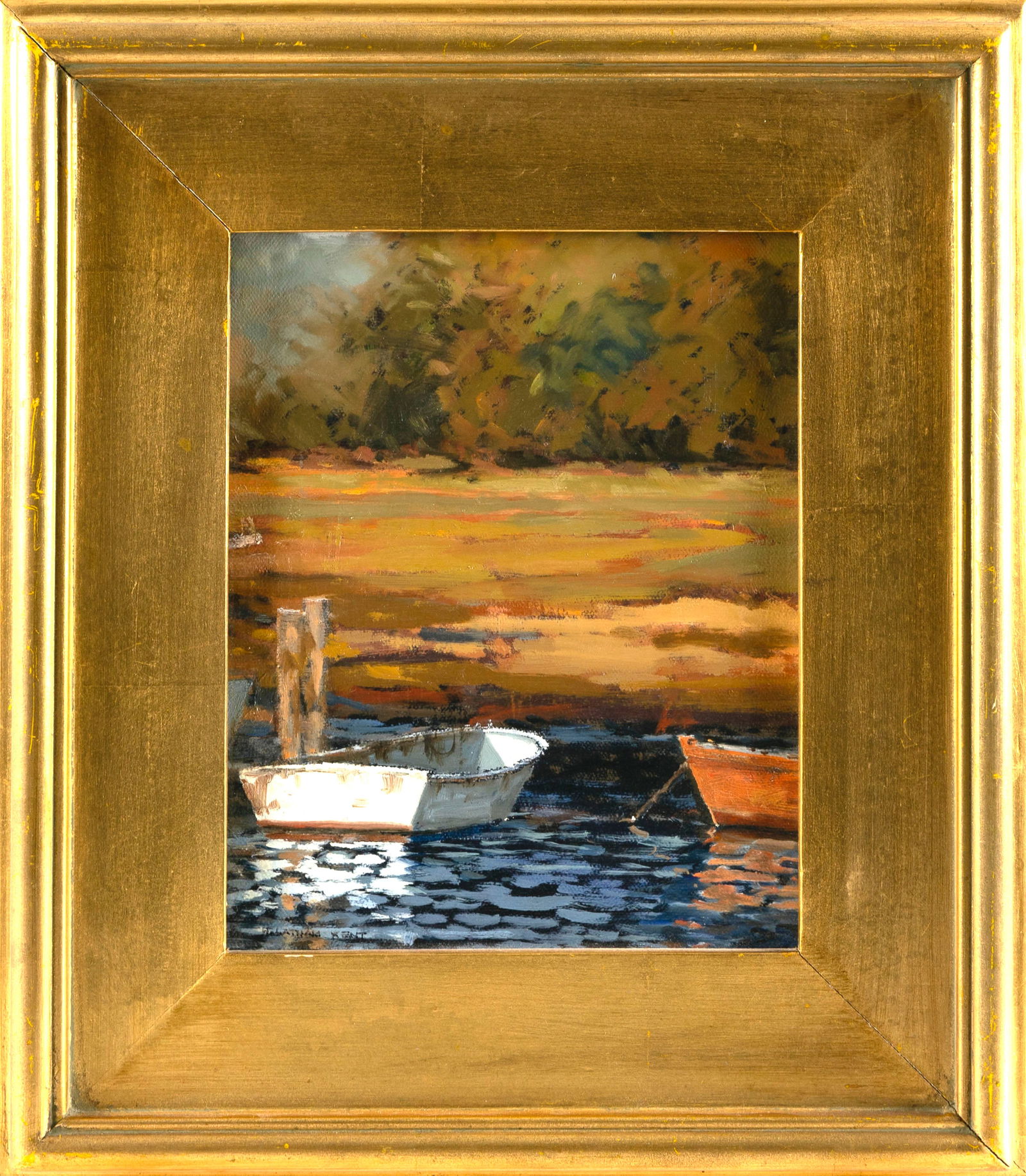 HERMAN LATHAM KENT (Massachusetts, 1930-2010), "White Dory"., Oil on board, 10" x 8". Framed 15.25" (1 of 2)
