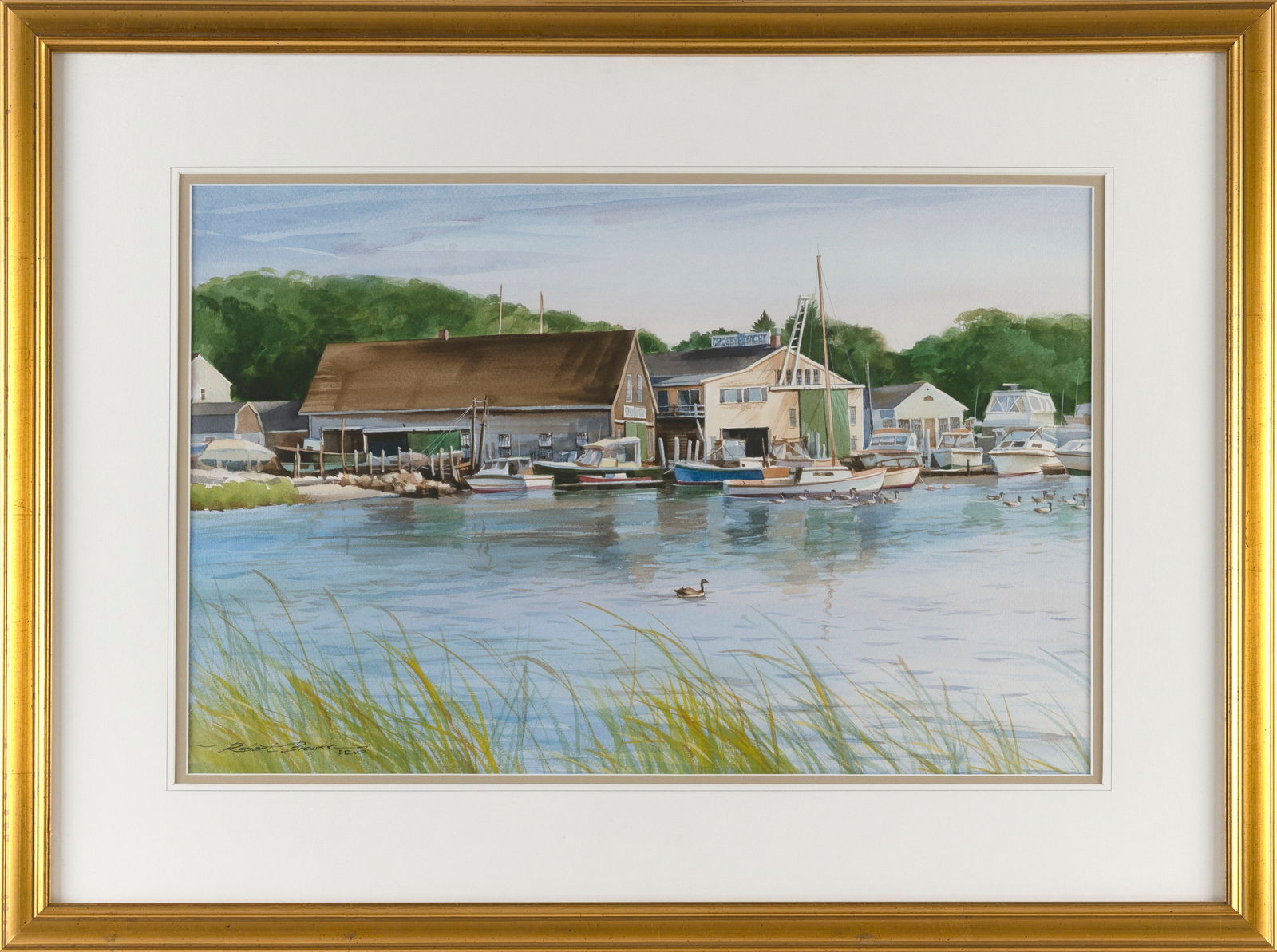 ROBERT BROOKS (Massachusetts, 1922-1992), "Morning Reflections at Crosby Yacht Yard"., Watercolor on (1 of 2)