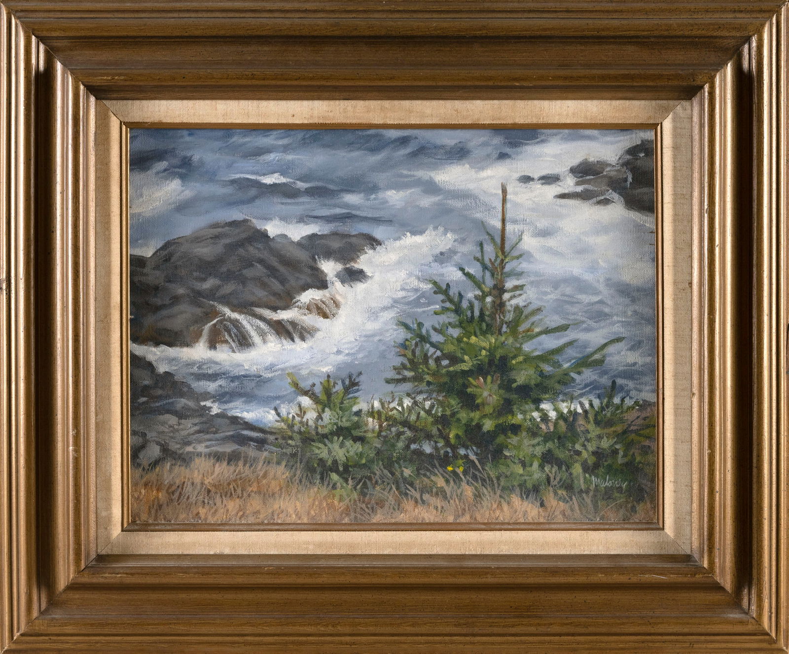 WILLIAM J. MALONEY (Massachusetts/Italy, 1932-2023), Coastal pines, likely the Maine coast., Oil on (1 of 2)
