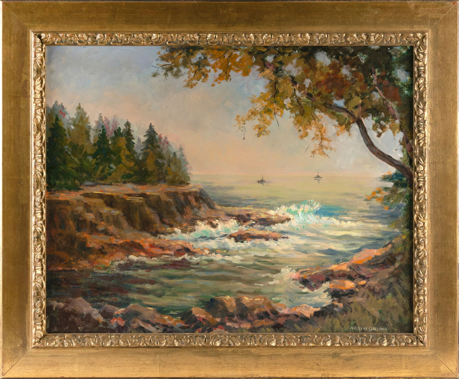 ANDREW GALLANO (Massachusetts, 1915-1988), Maine coastal scene., Oil on board, 22" x 28". Framed 28" (1 of 2)