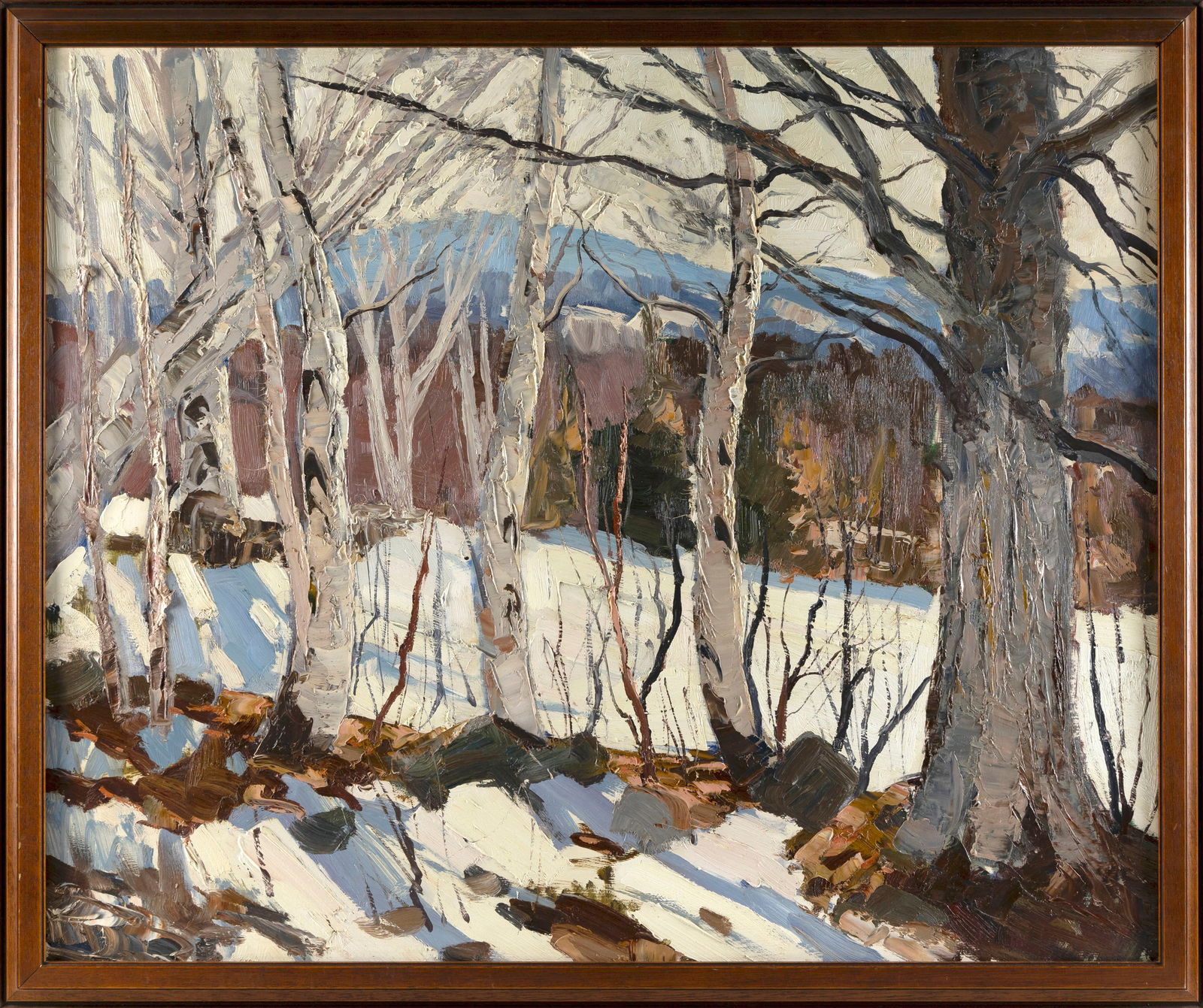 ATTRIBUTED TO BOB NALLY (Maine/Massachusetts, 1938-1990), Winter birches., Oil on masonite, 25.5" x (1 of 2)