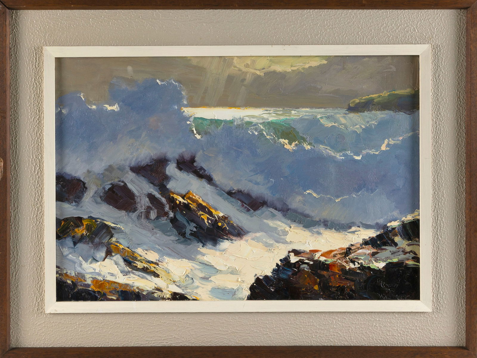 ATTRIBUTED TO BOB NALLY (Maine/Massachusetts, 1938-1990), Crashing waves., Oil on canvas, 16" x 24". (1 of 2)
