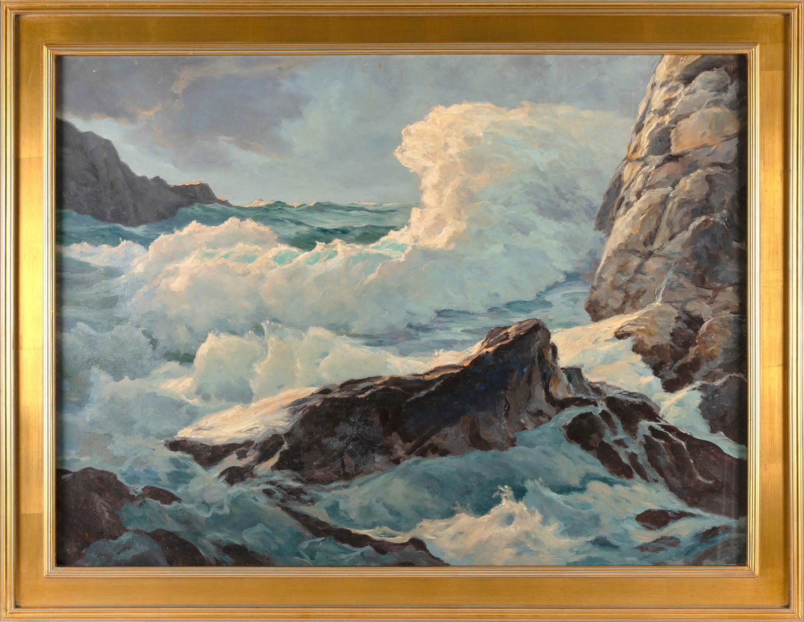 WILLIAM COLUMBUS EHRIG (Maine, 1892-1969), Waves crashing against rocks., Oil on masonite, 28" x: WILLIAM COLUMBUS EHRIGMaine, 1892-1969Waves crashing against rocks. Unsigned. Estate stamped verso.Oil on masonite, 28" x 38". Framed 33.5" x 43.5".