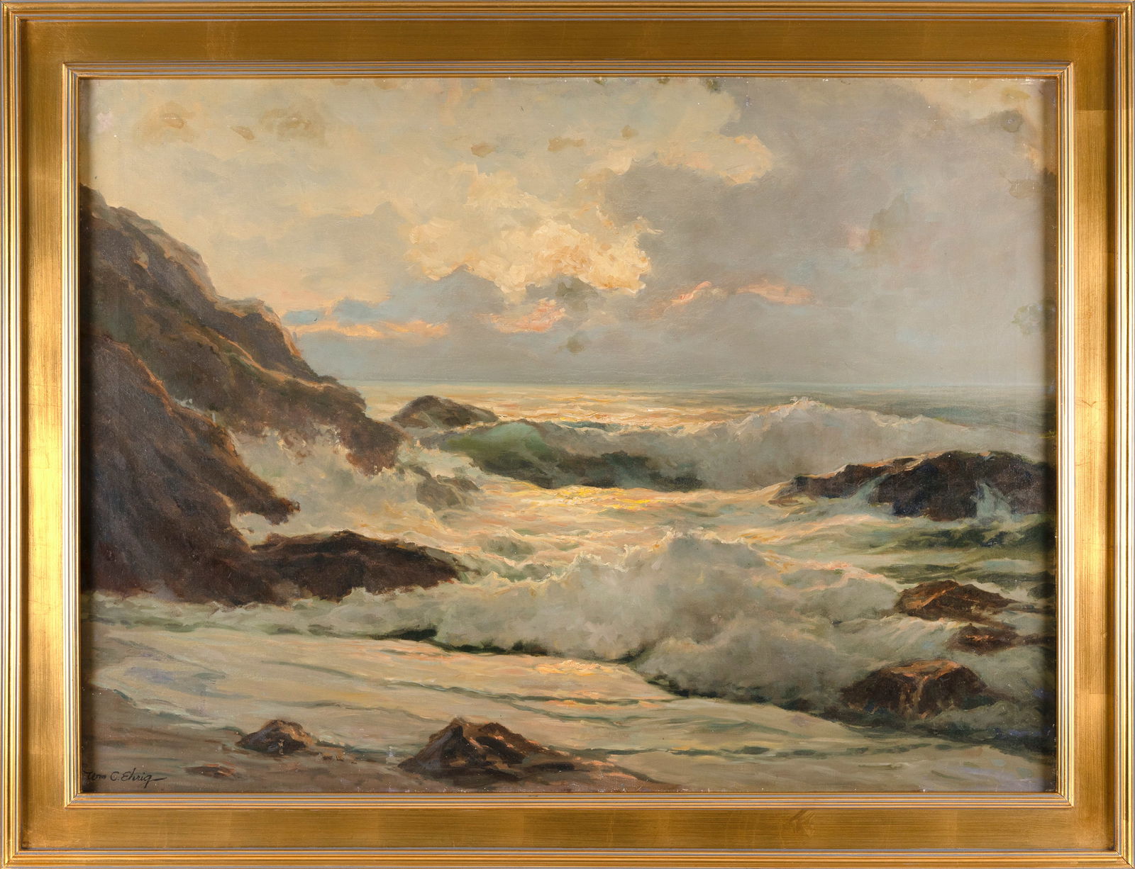 WILLIAM COLUMBUS EHRIG (Maine, 1892-1969), Sunlit shore scene., Oil on canvas, 28" x 38". Framed (1 of 2)