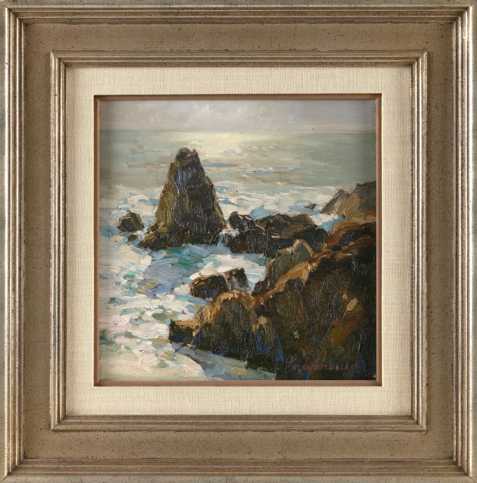 THOMAS M. (T.M.) NICHOLAS (Maine/Massachusetts, 1963-), Rocky coast., Oil on canvas, 9" x 9". Framed (1 of 2)