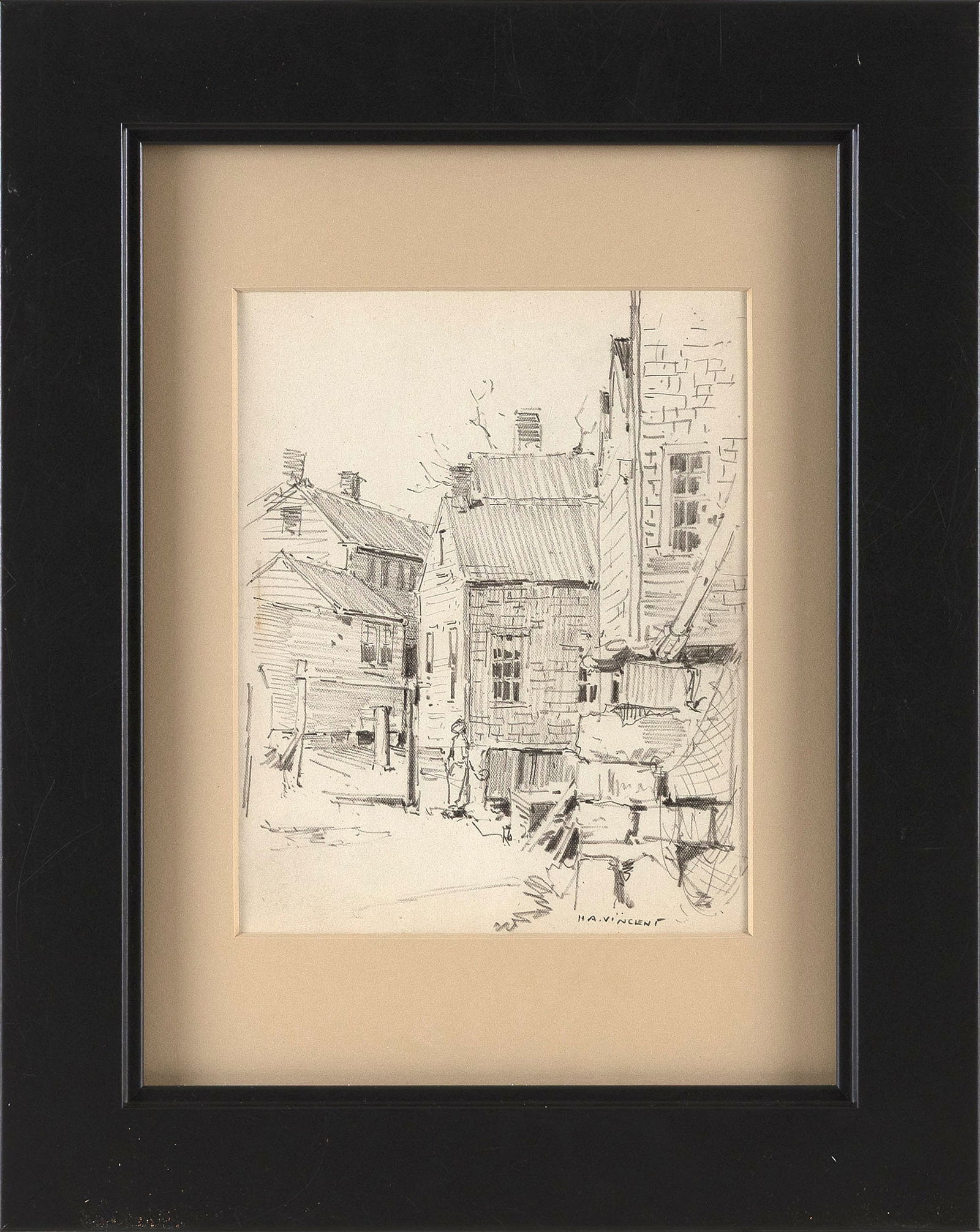HARRY AIKEN VINCENT (Massachusetts/New York/Illinois, 1864-1931), "Rockport Byways"., Pencil on: HARRY AIKEN VINCENTMassachusetts/New York/Illinois, 1864-1931"Rockport Byways". Signed lower right "H.A. Vincent".Pencil on paper, 8" x 6" sight. Framed 15" x 12".