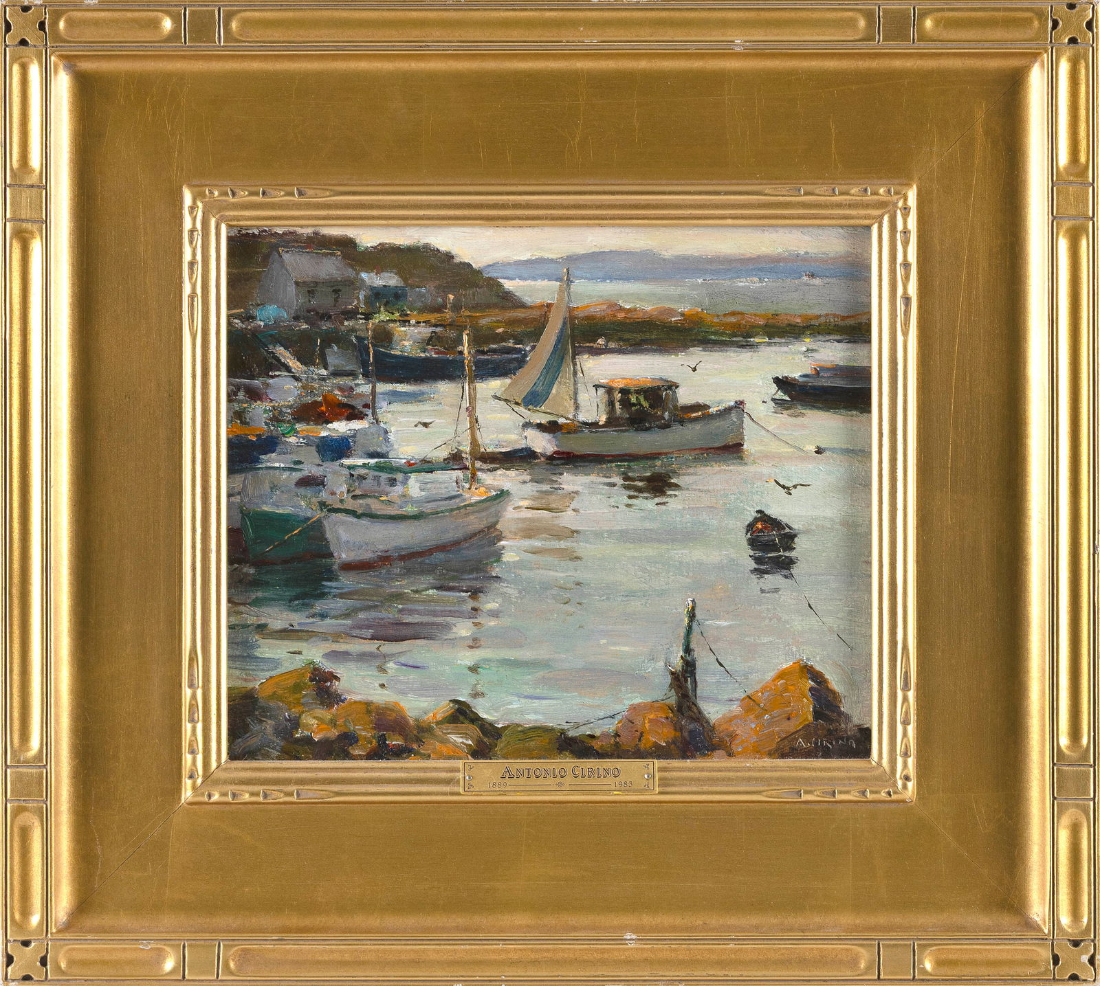 ANTONIO CIRINO (Rhode Island/Italy, 1889-1983), Harbor scene., Oil on board, 10" x 12". Framed 18" x (1 of 2)