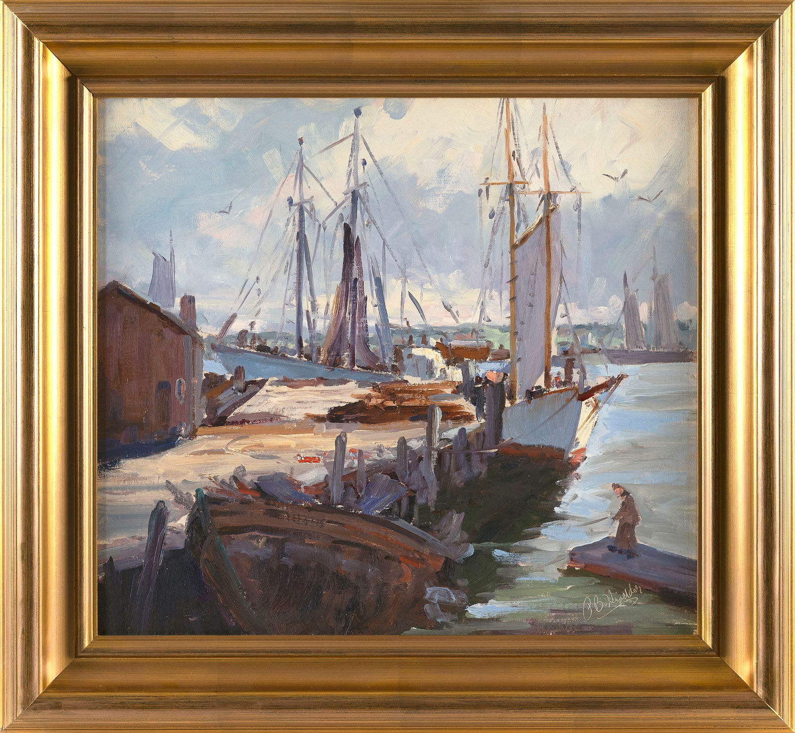 PAUL BEADEN HUDDER (Nevada/Massachusetts, 1897-1991), Rocky Neck, Gloucester, Massachusetts., Oil on: PAUL BEADEN HUDDERNevada/Massachusetts, 1897-1991Rocky Neck, Gloucester, Massachusetts. Signed lower right "P.B. Hudder".Oil on board, 18" x 20". Framed 23.5" x 25.5".