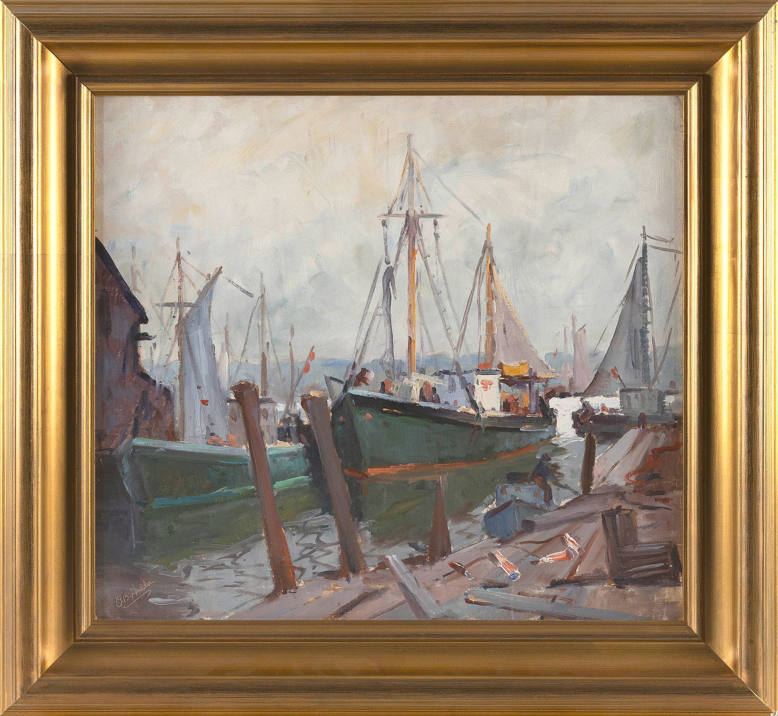 PAUL BEADEN HUDDER (Nevada/Massachusetts, 1897-1991), "Gloucester Docks"., Oil on canvas board, 18" (1 of 2)