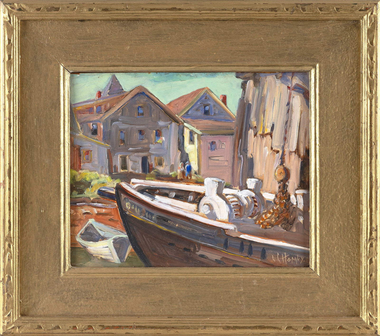 LESTER GEORGE HORNBY (Massachusetts, 1882-1956), Wharf scene., Oil on board, 8.5" x 10.5". Framed (1 of 2)