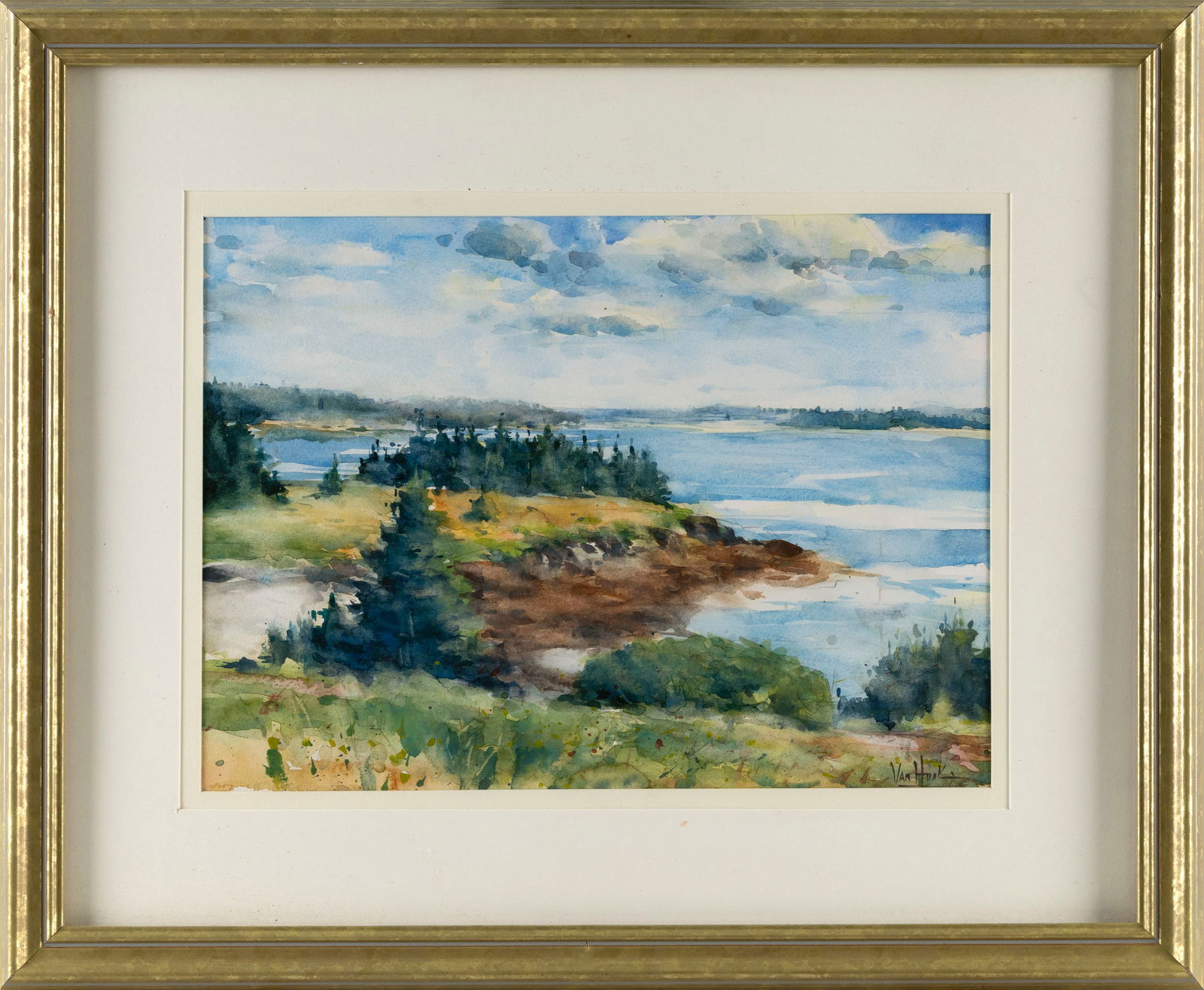 GEORGE VAN HOOK (New York, 1954-), Coastal landscape., Watercolor on paper, 10.25" x 14.25" sight. (1 of 2)