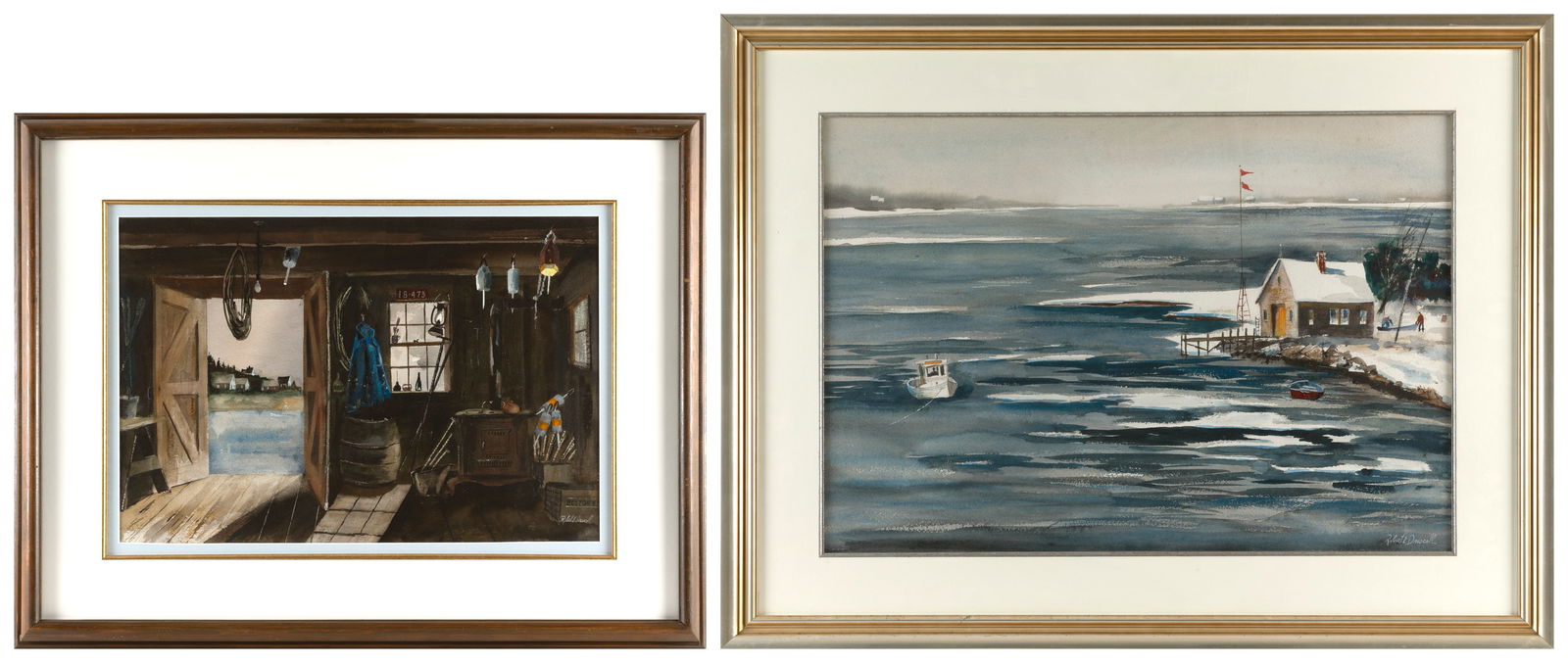 ROBERT DRISCOLL (Massachusetts, 1940-2008), Two views of clam shacks., Watercolors on paper, 20" x (1 of 5)