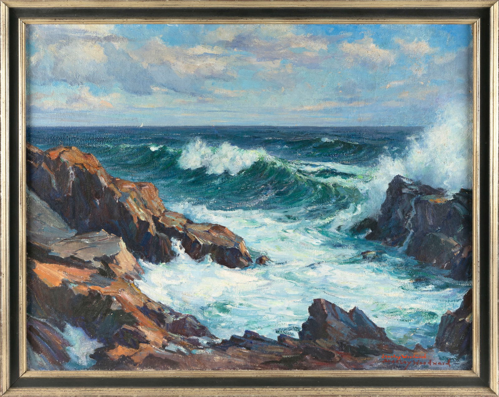 STANLEY WINGATE WOODWARD (Massachusetts, 1890-1970), Crashing waves., Oil on canvas, 28" x 36". (1 of 2)