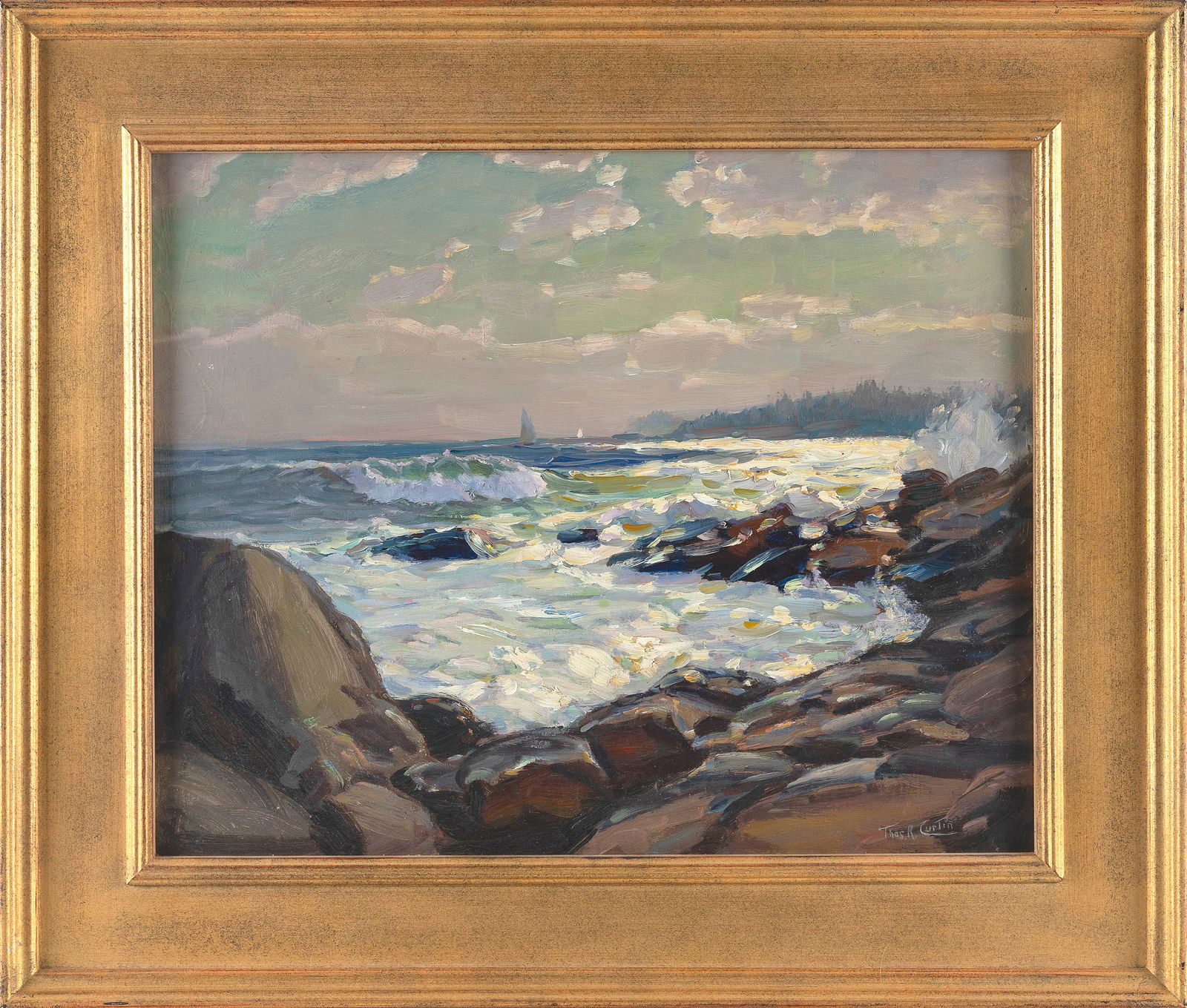 THOMAS R. CURTIN (Vermont/Massachusetts, 1899-1977), Coastal landscape with sailboat., Oil on board, (1 of 2)