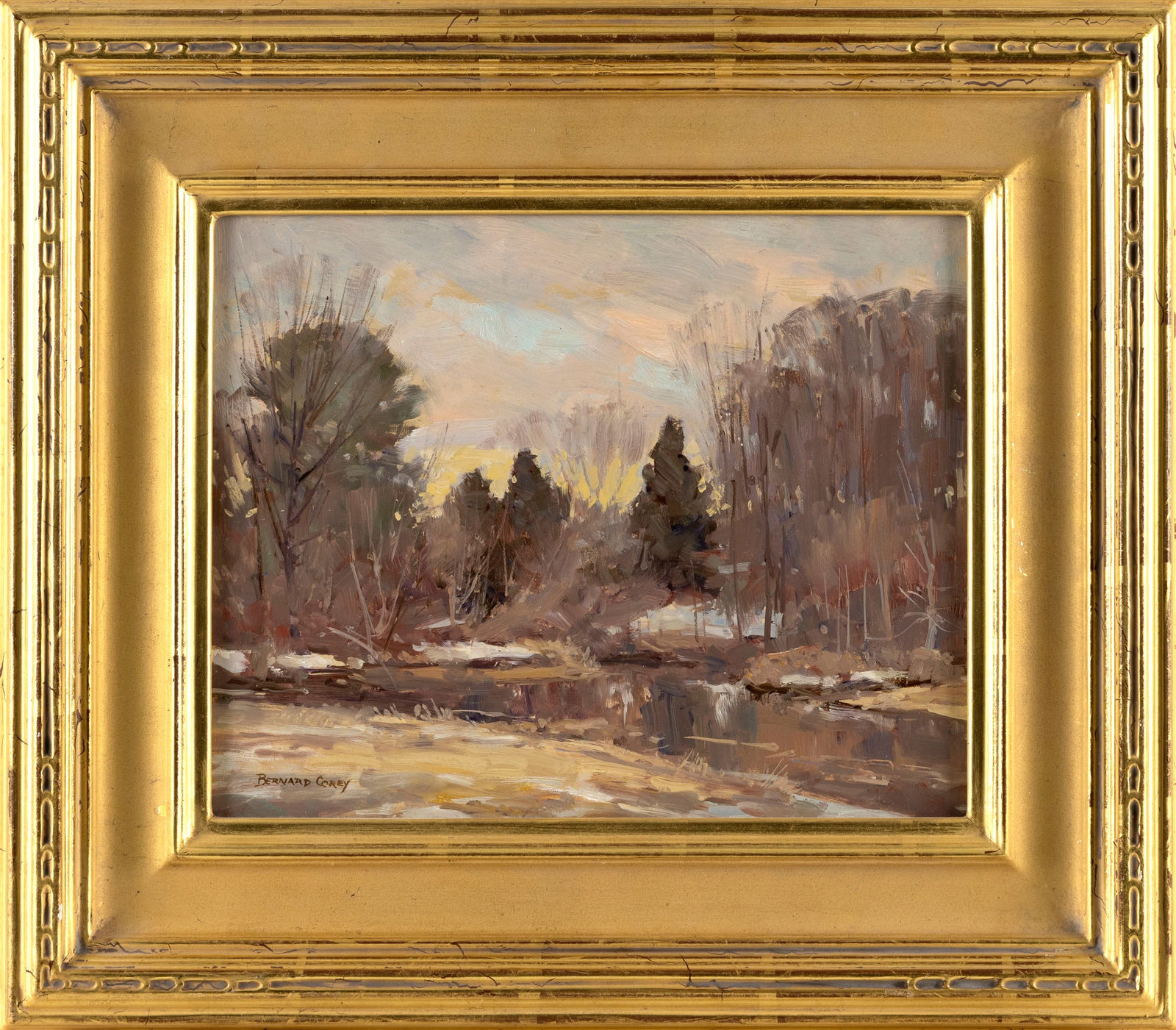BERNARD COREY (Massachusetts, 1914-2000), "Touch of Snow"., Acrylic on board, 8" x 10". Framed 13" x: BERNARD COREYMassachusetts, 1914-2000"Touch of Snow". Signed lower left "Bernard Corey". Titled verso.Acrylic on board, 8" x 10". Framed 13" x 15".
