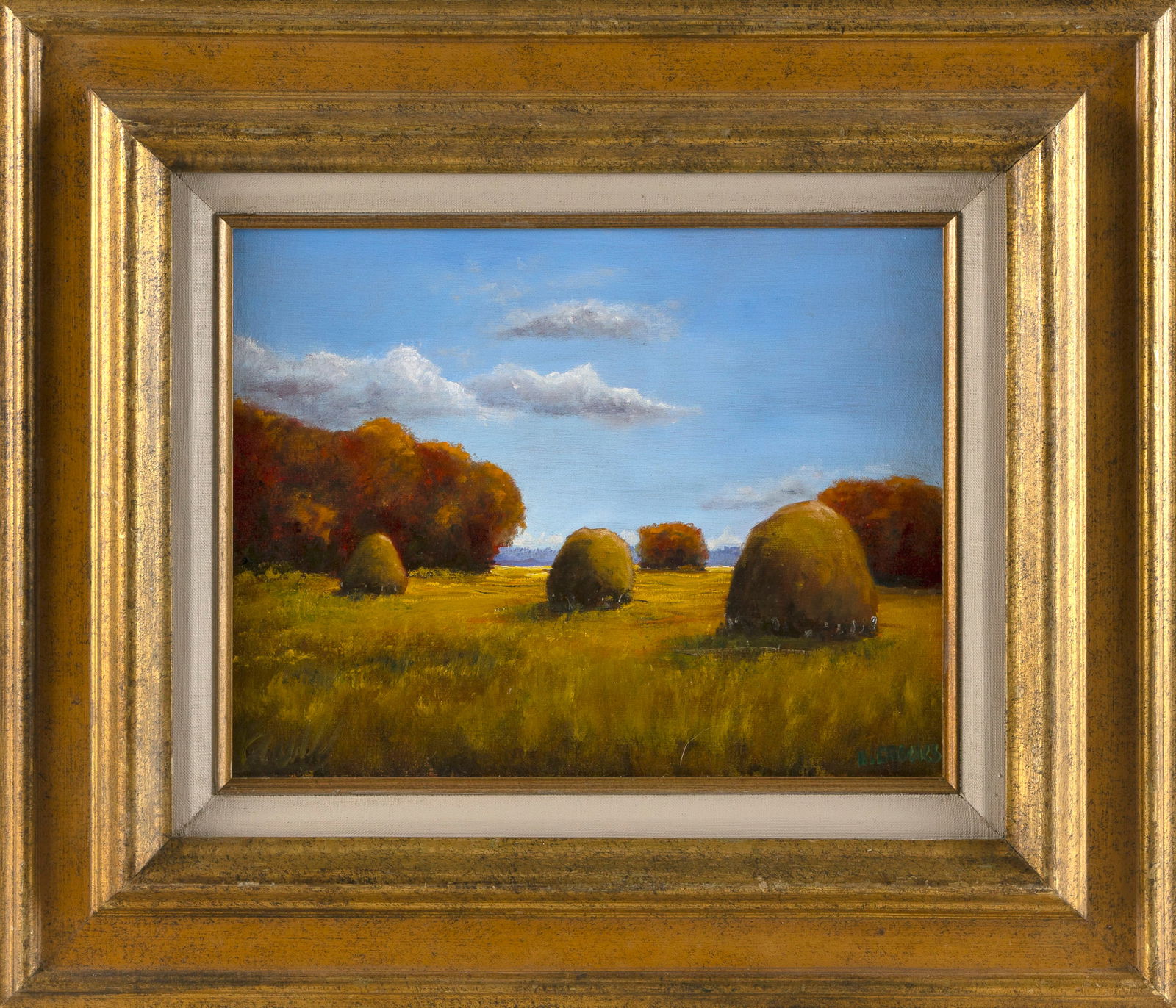 HERBERT CROOKS (Massachusetts, 20th Century), "Three Stacks Route 1"., Oil on canvas, 11" x 14".: HERBERT CROOKSMassachusetts, 20th Century"Three Stacks Route 1". Signed lower right "H. Crooks".Oil on canvas, 11" x 14". Framed 19.25" x 22.25".