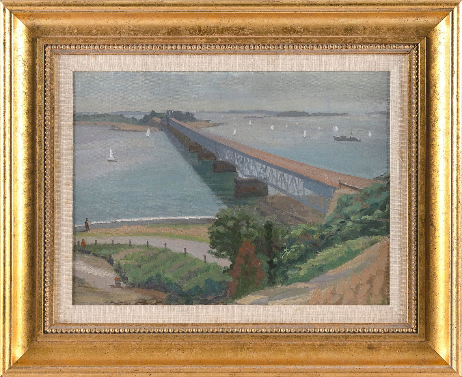 JACK N. KRAMER (Massachusetts, 1923-1983), "Boston Harbor - Long Island Bridge"., Oil on canvas, 11" (1 of 2)