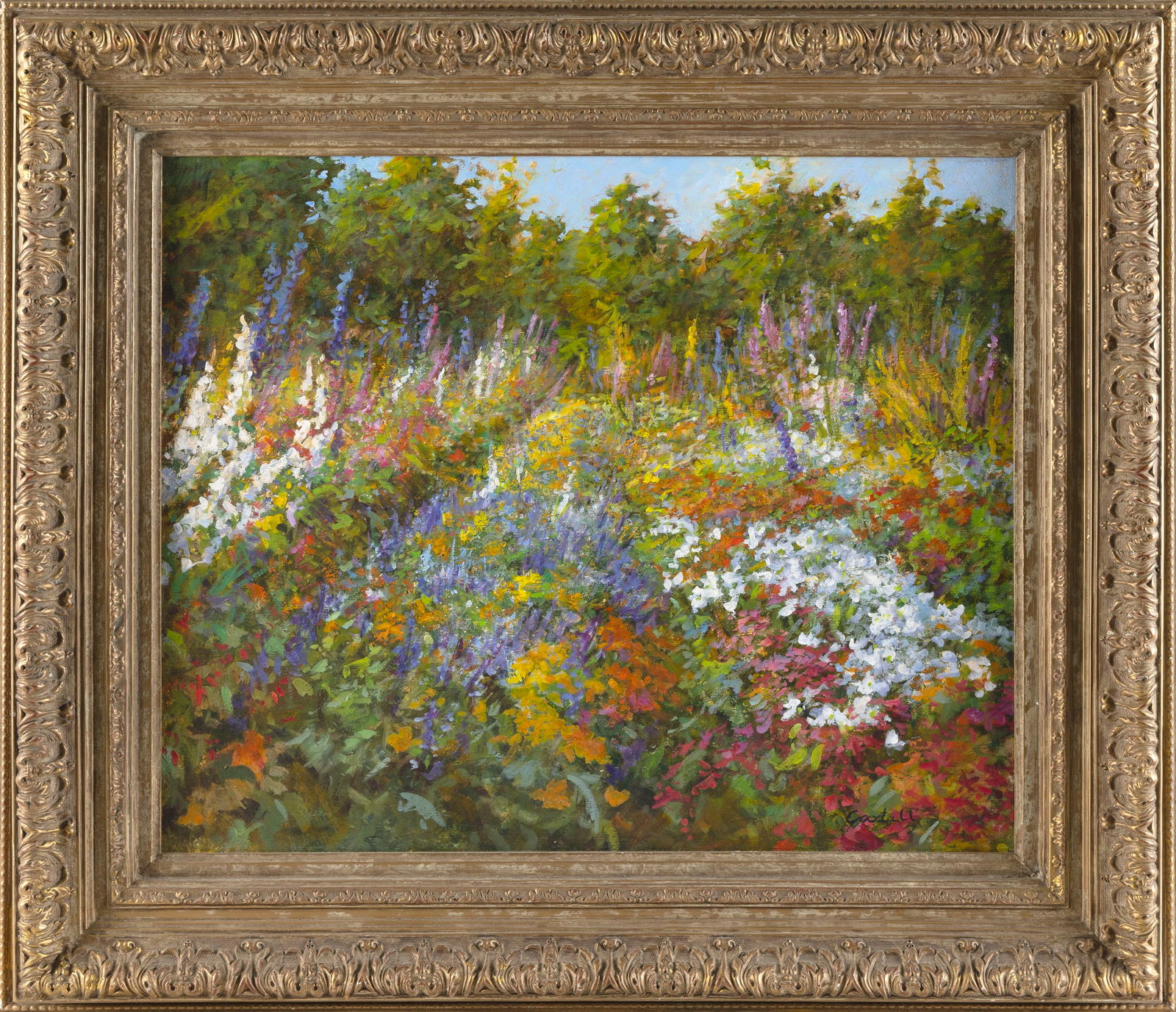 DAWN GOODALL (America, Contemporary), Flower garden., Oil on canvas, 20" x 24". Framed 29" x 32". (1 of 2)