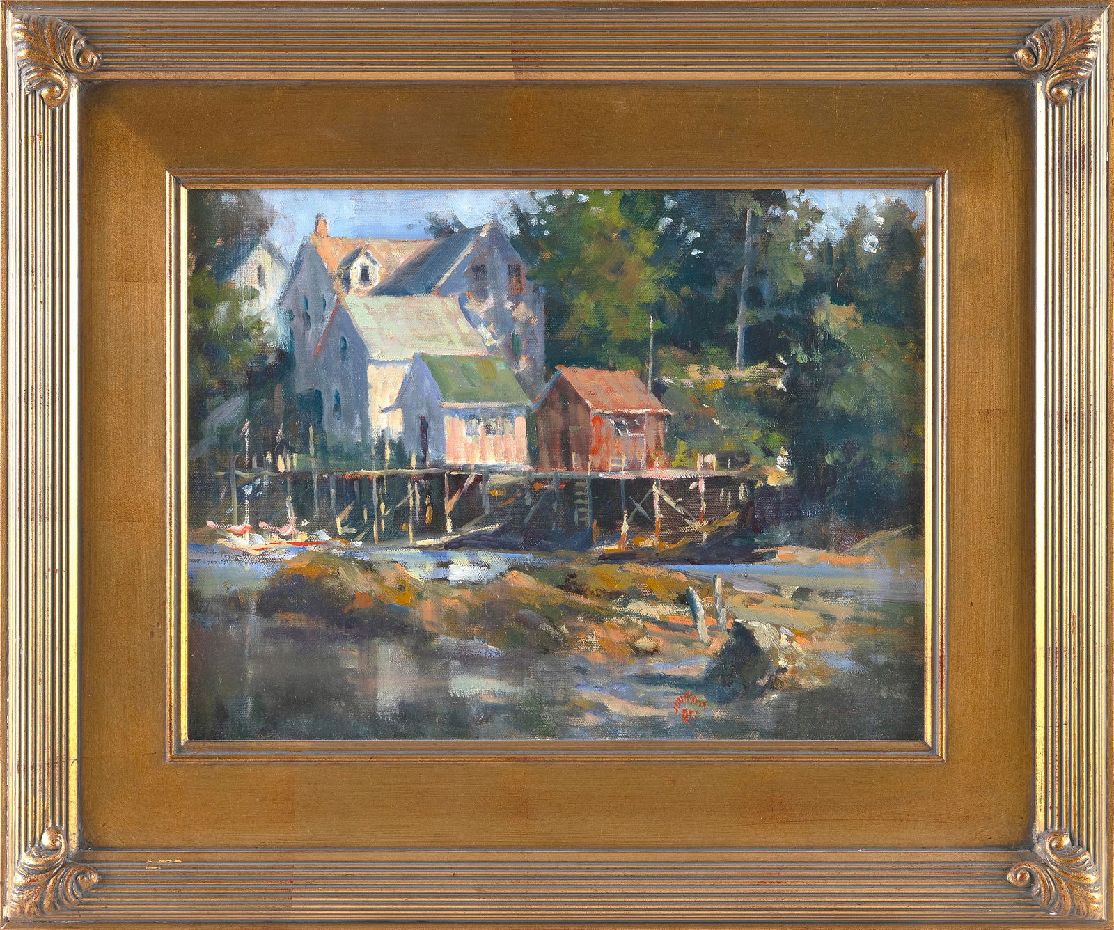 AMERICAN SCHOOL (20th Century,), "Cozy Harbor"., Oil on canvas, 12" x 16". Framed 20" x 24". (1 of 2)