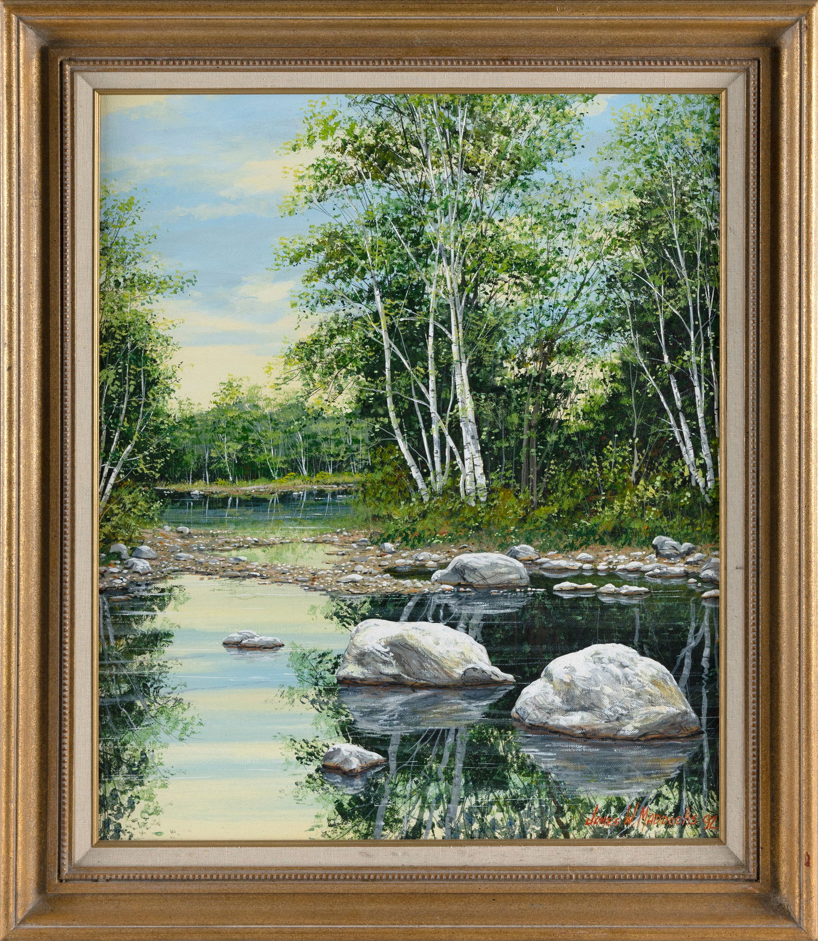 JAMES W. MADDOCKS (Massachusetts, Contemporary), Birches along a shoreIine., Oil on canvas, 24" x (1 of 2)