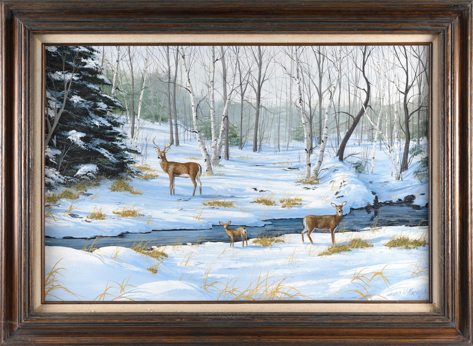 JAMES W. MADDOCKS (Massachusetts, Contemporary), Bucolic scene of deer along a snowy riverbank., Oil (1 of 2)