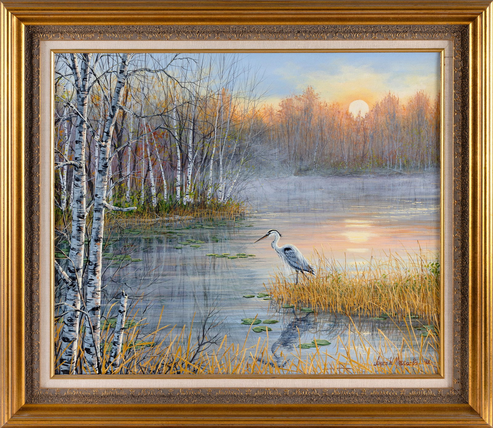 JAMES W. MADDOCKS (Massachusetts, Contemporary), Great blue heron in a marsh at dusk., Oil on (1 of 2)