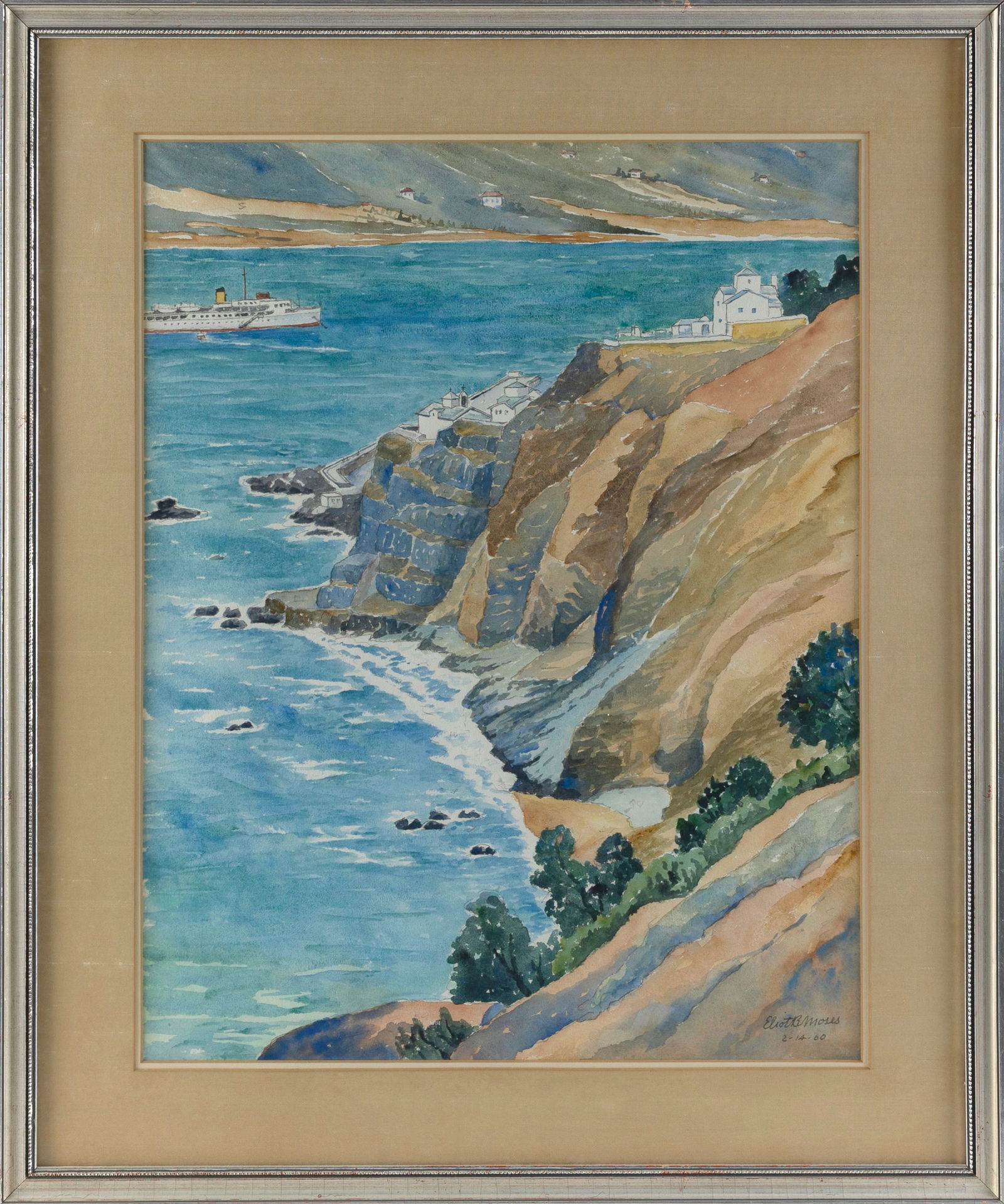 ELIOT B. MOSES (20th Century,), Coastal scene of a ship passing steep cliffs., Watercolor on paper, (1 of 2)
