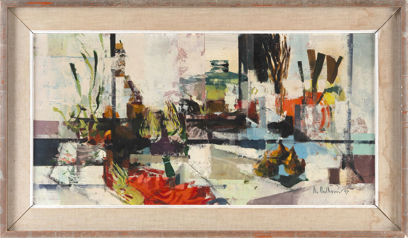 ALFRED CHENEY CHADBOURN (Maine/Turkey, 1921-1998), Abstract still life., Oil on board, 12" x 24". (1 of 2)