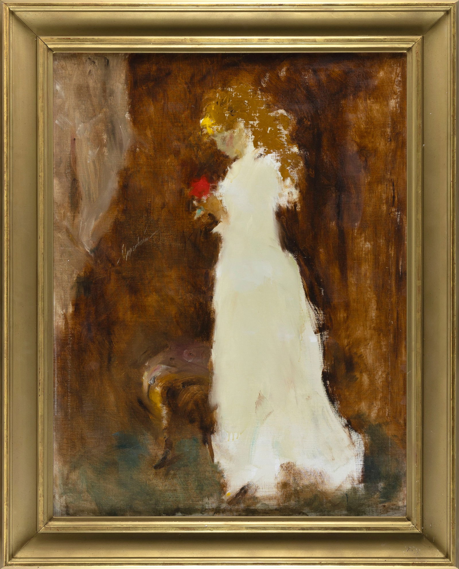 SAMUEL EDMUND OPPENHEIM (New York/Florida, 1901-1992), Girl in a white dress holding a rose., Oil on: SAMUEL EDMUND OPPENHEIMNew York/Florida, 1901-1992Girl in a white dress holding a rose. Signed center left "Oppenheim".Oil on canvas, 41" x 29.5". Framed 48.25" x 38.25".