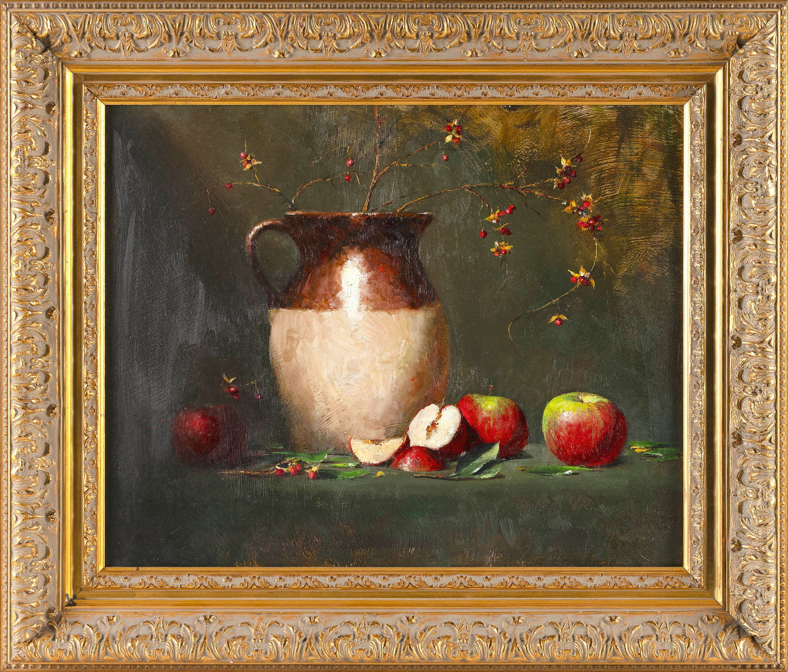 ROBERT A. JOHNSON (Virginia, 1942-), Still life of apples and a pitcher., Oil on board, 16" x 20". (1 of 2)