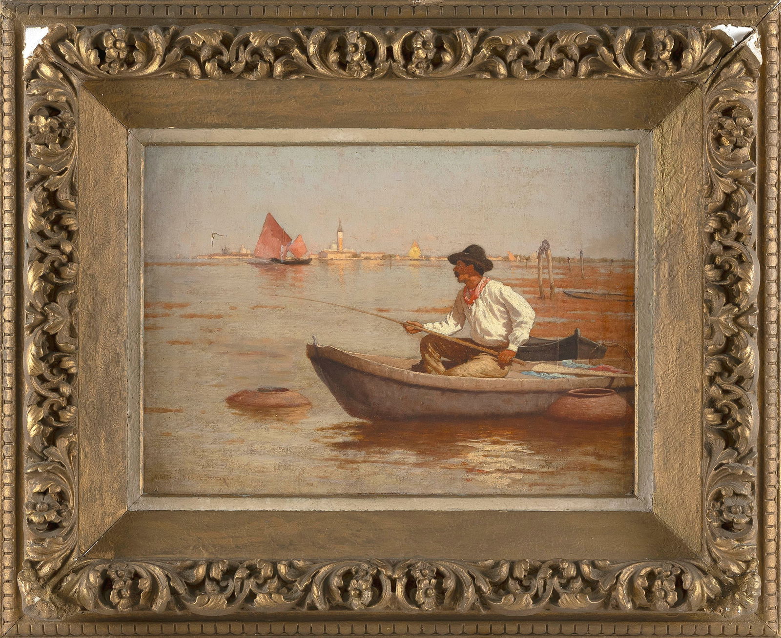 WALTER BLACKMAN (New York/llinois, 1847-1928), Fisherman off Venice., Oil on canvas, 15" x 20.75". (1 of 2)