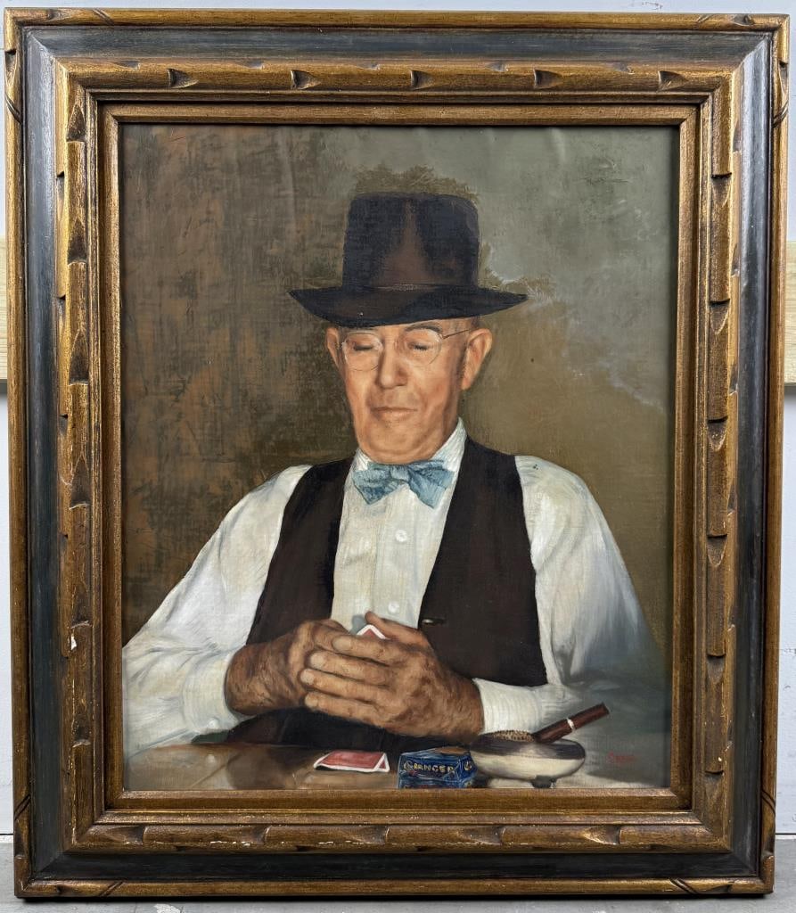 PORTRAIT OF A GAMBLER 20th Century Oil on canvas, 24" x 20". Framed 32" x 28". (1 of 2)