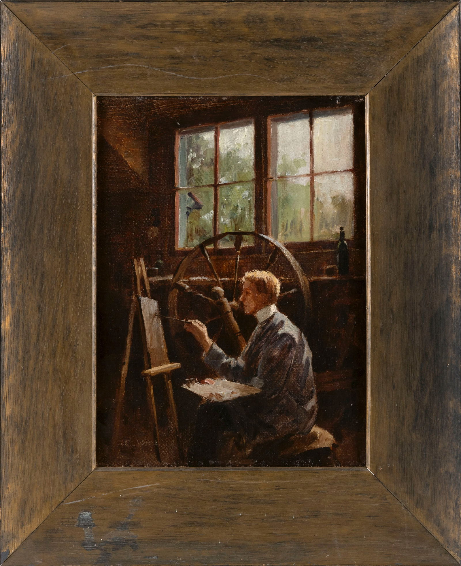 EVERETT LONGLEY WARNER (New York/Iowa, 1877-1963), Artist in his studio, possibly a self portrait.,: EVERETT LONGLEY WARNERNew York/Iowa, 1877-1963Artist in his studio, possibly a self portrait. Signed lower left "E.L. Warner".Oil on canvas, 15" x 11.5". Framed 23" x 19".
