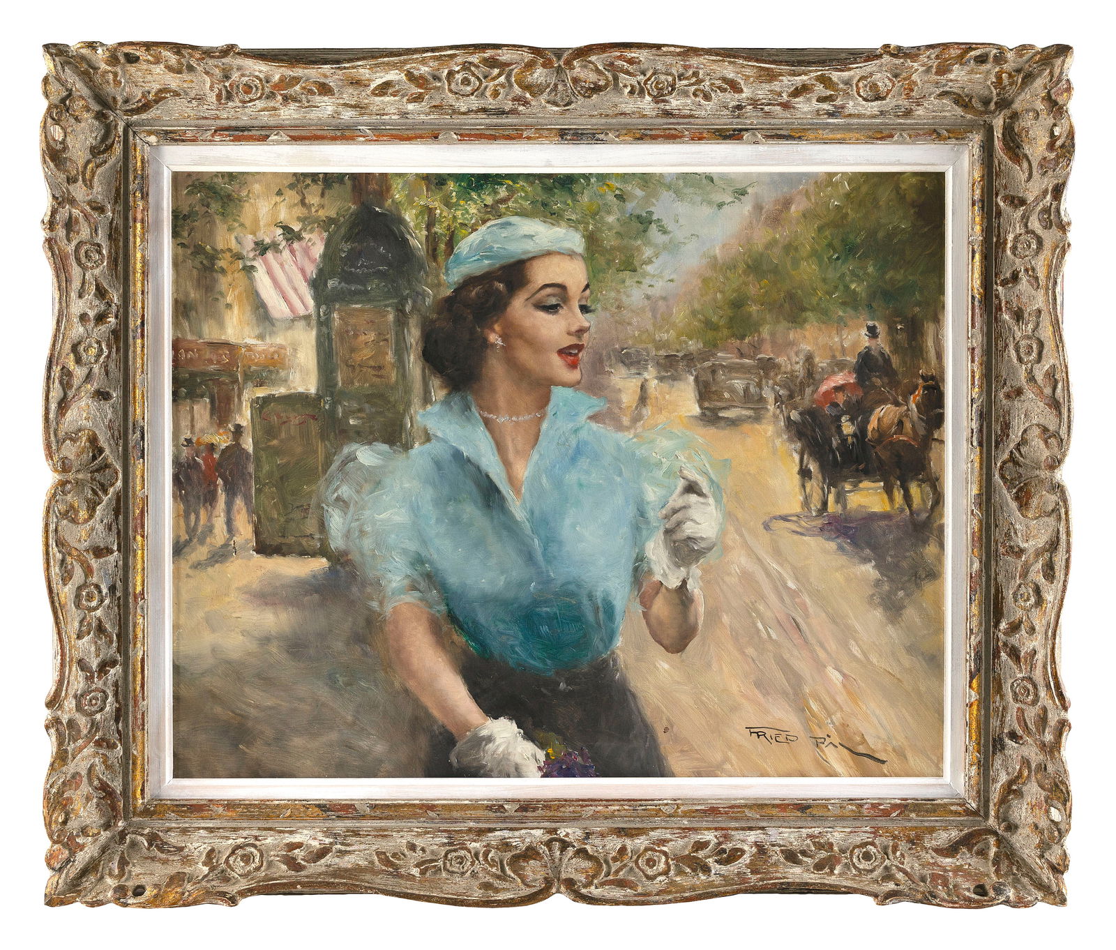 PAL FRIED (New York/California/Hungary, 1893-1976), Woman in blue on a city sidewalk., Oil on (1 of 2)