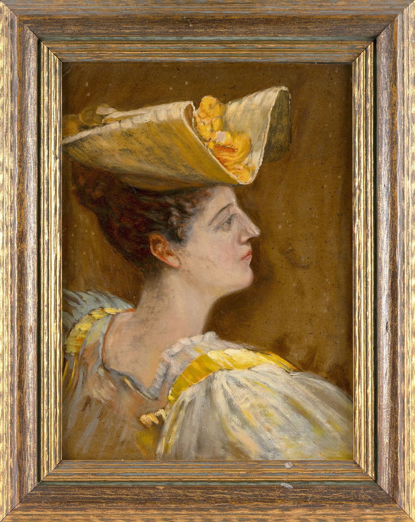 AMERICAN SCHOOL (19th Century,), Profile portrait of a woman wearing an unusual hat., Oil on board, (1 of 2)