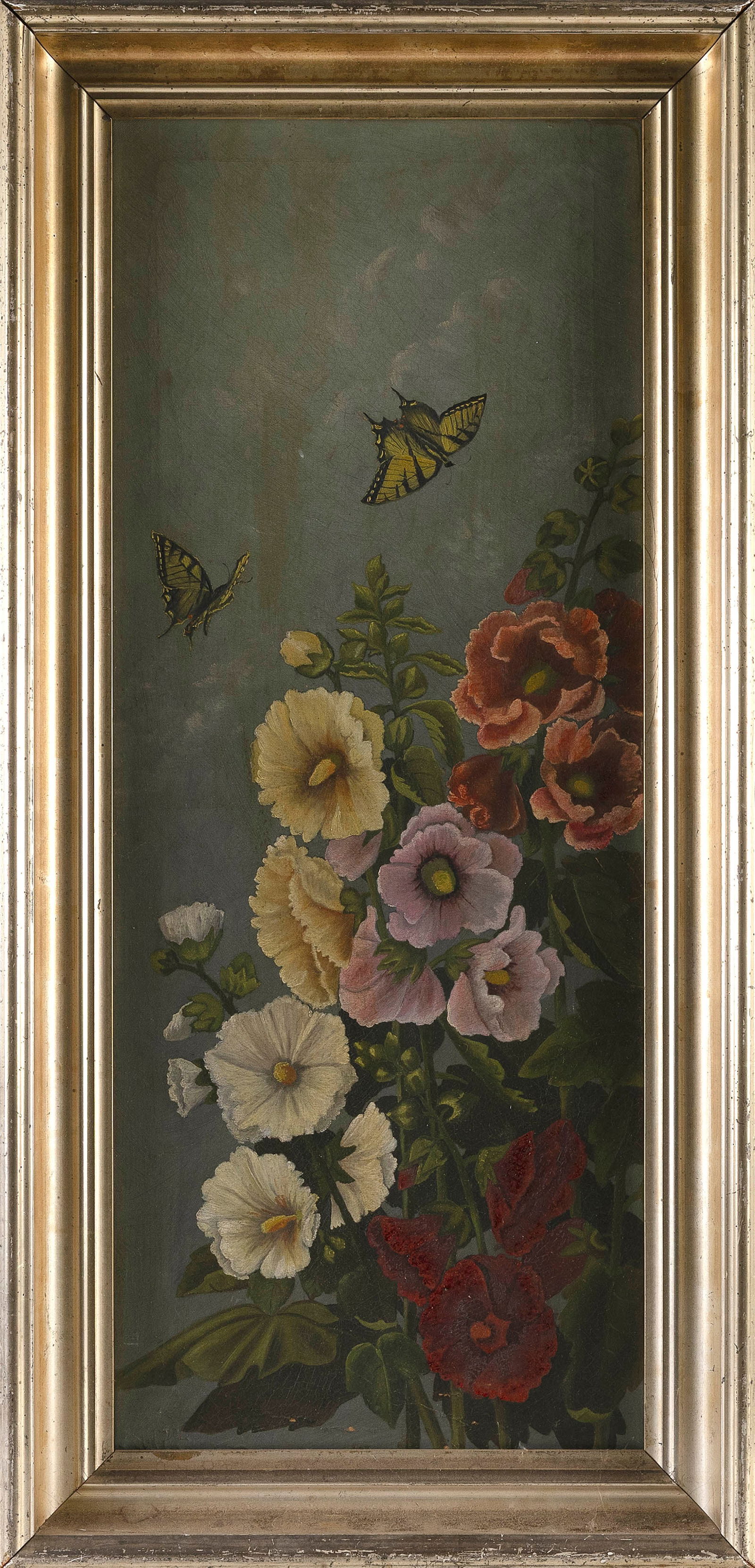 AMERICAN SCHOOL (Late 19th Century,), Hollyhocks and swallowtail butterflies., Oil on canvas, 31" x (1 of 2)
