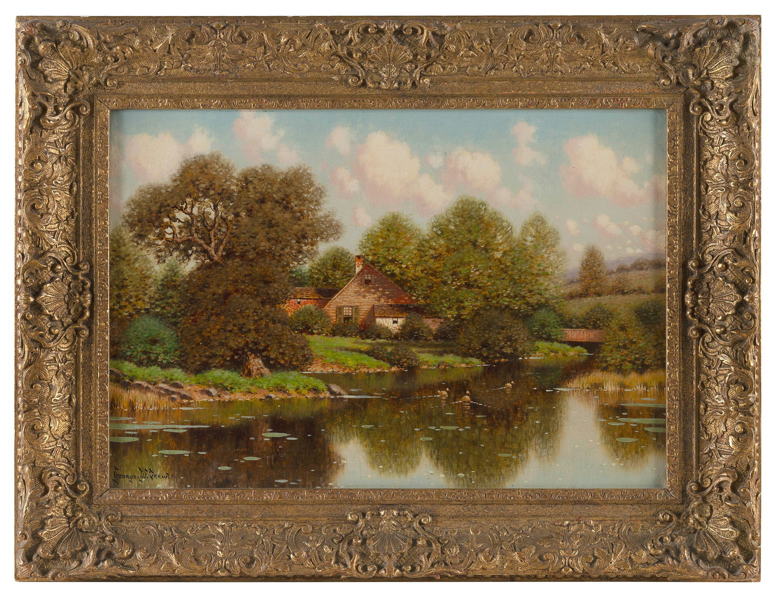 GEORGE W. DREW (New York, 1875-1968), "Connecticut Homestead"., Oil on canvas, 14" x 20". Framed 20" (1 of 2)