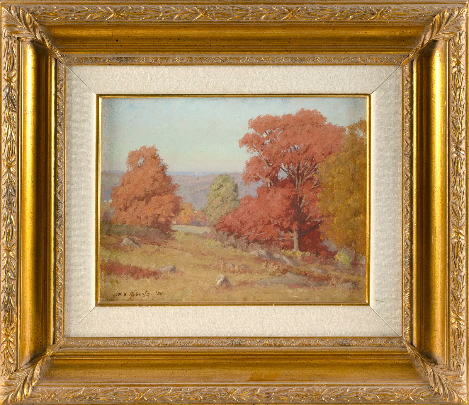 FRED E. ROBERTS (New York, 1878-1953), Fall landscape., Oil on board, 11" x 14". Framed 21" x 24". (1 of 2)
