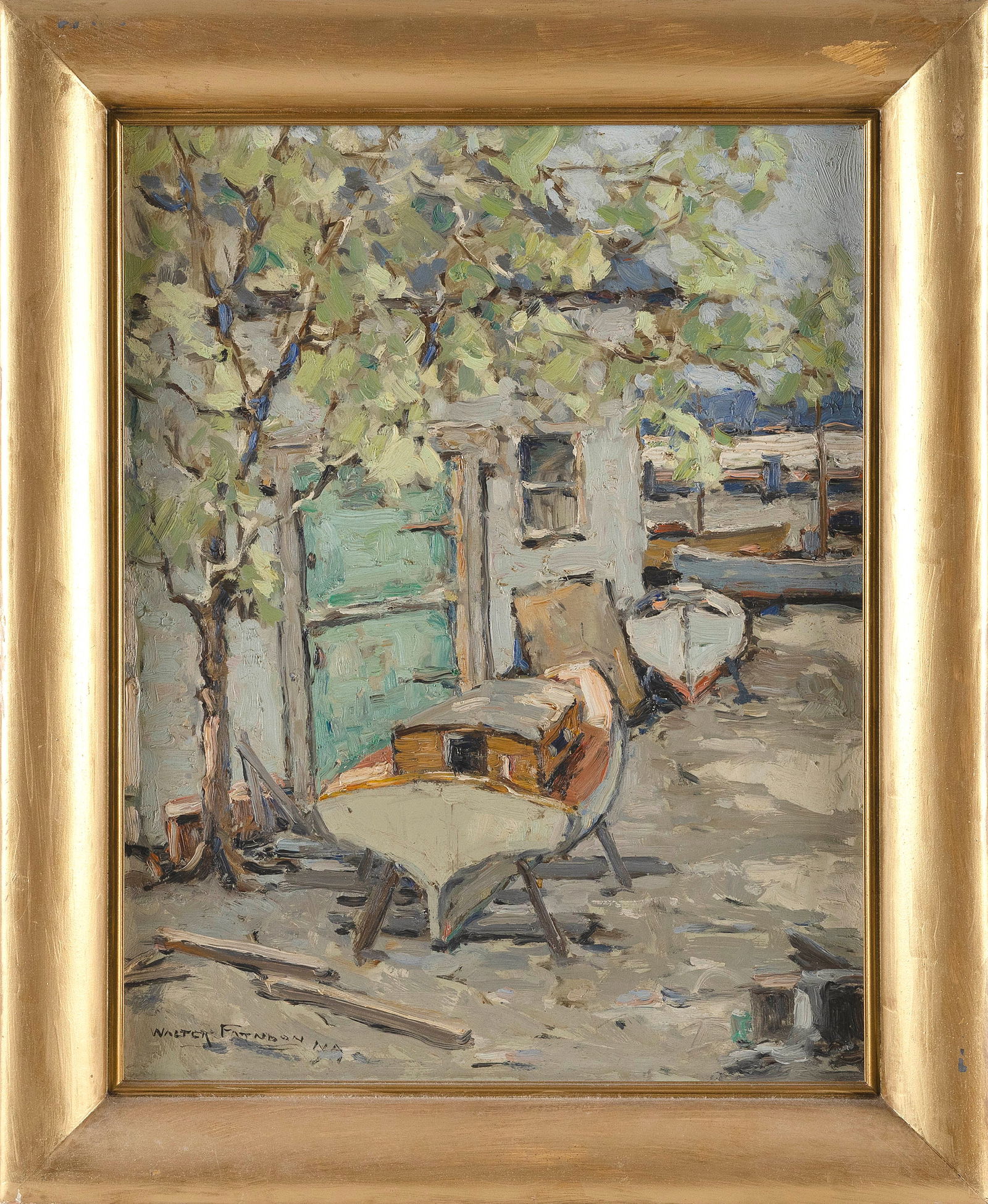 WALTER FARNDON (New York, 1876-1964), Boat shop., Oil on board, 18" x 14". Framed 22" x 18". (1 of 2)