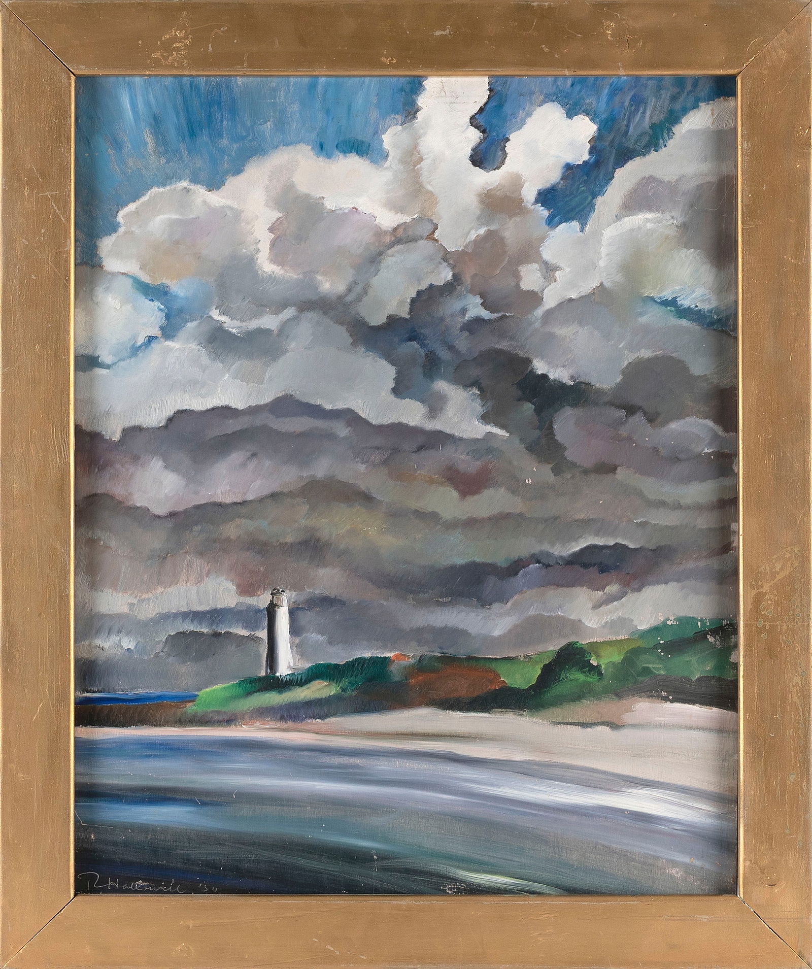 ROBERT HALLOWELL (New York/Colorado, 1886-1939), Expansive seascape with lighthouse., Oil on board, (1 of 2)