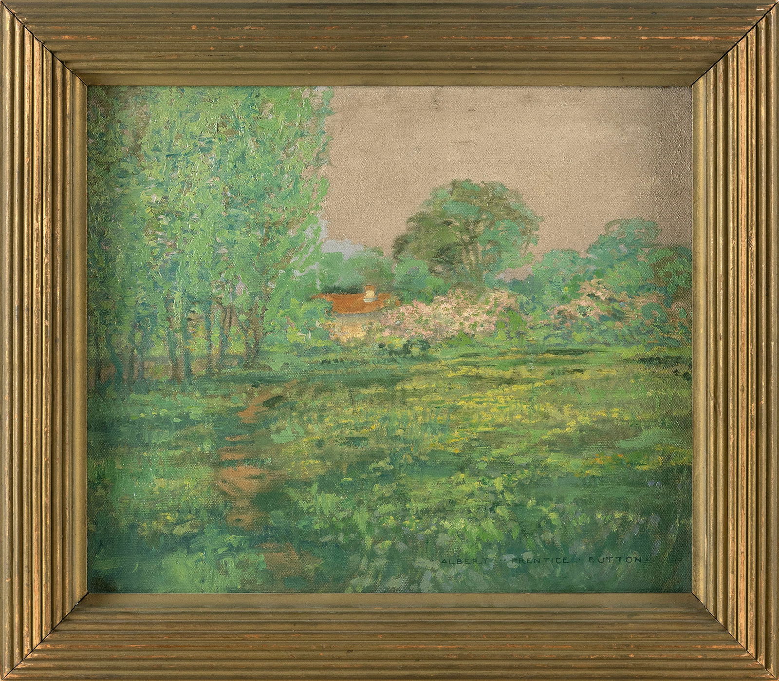 ALBERT PRENTICE BUTTON (Massachusetts, 1868-1931), "A Day in Spring"., Oil on canvas, 11" x 13". (1 of 2)