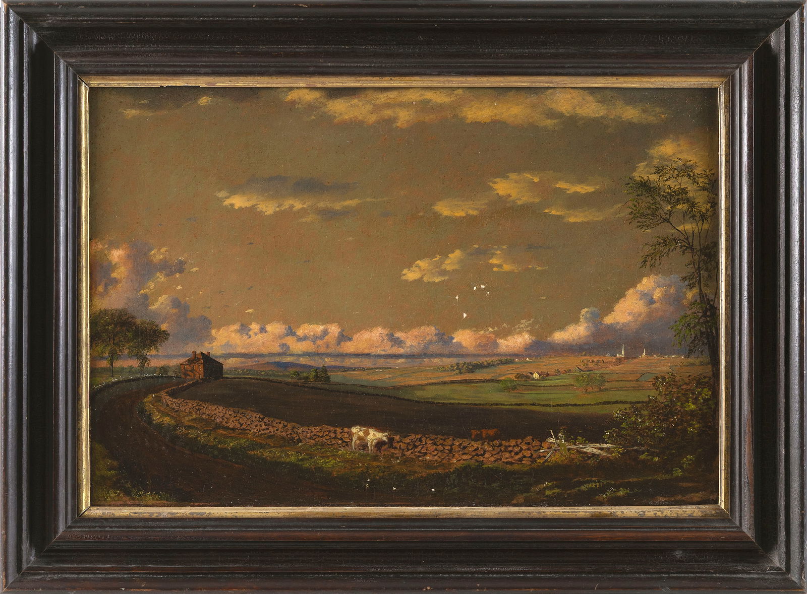 AMERICAN SCHOOL (19th Century,), Luminous sunset with cattle by a rock wall., Oil on canvas laid: AMERICAN SCHOOL19th CenturyLuminous sunset with cattle by a rock wall. Oil on canvas laid down on masonite, 16" x 24". Framed 21.5" x 30".