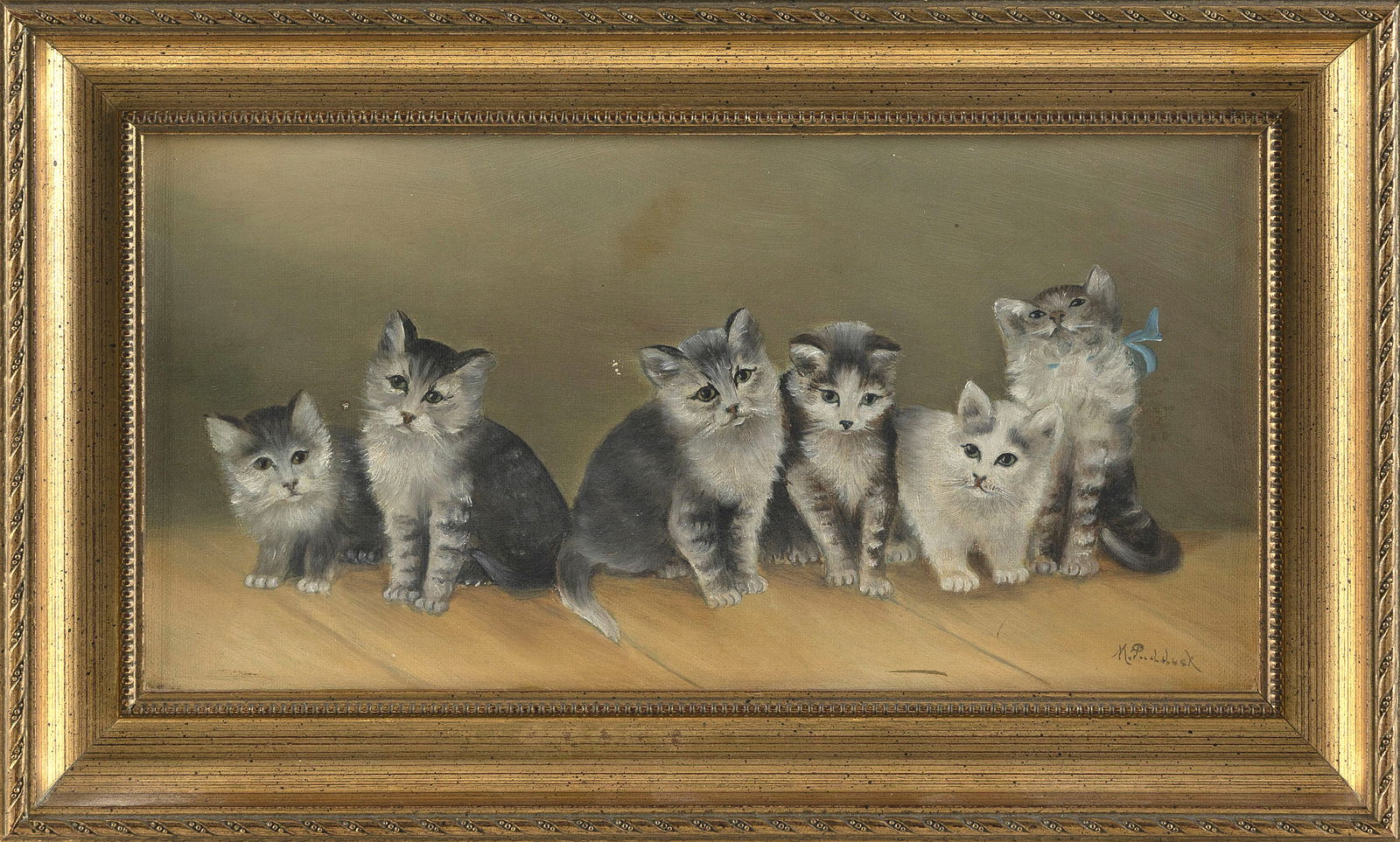AMERICAN SCHOOL (Late 19th/Early 20th Century,), Six kittens., Oil on canvas, 6" x 12". Framed 9" x: AMERICAN SCHOOLLate 19th/Early 20th CenturySix kittens. Signed lower right "M. P[...]dusk" (signature untraced).Oil on canvas, 6" x 12". Framed 9" x 15".