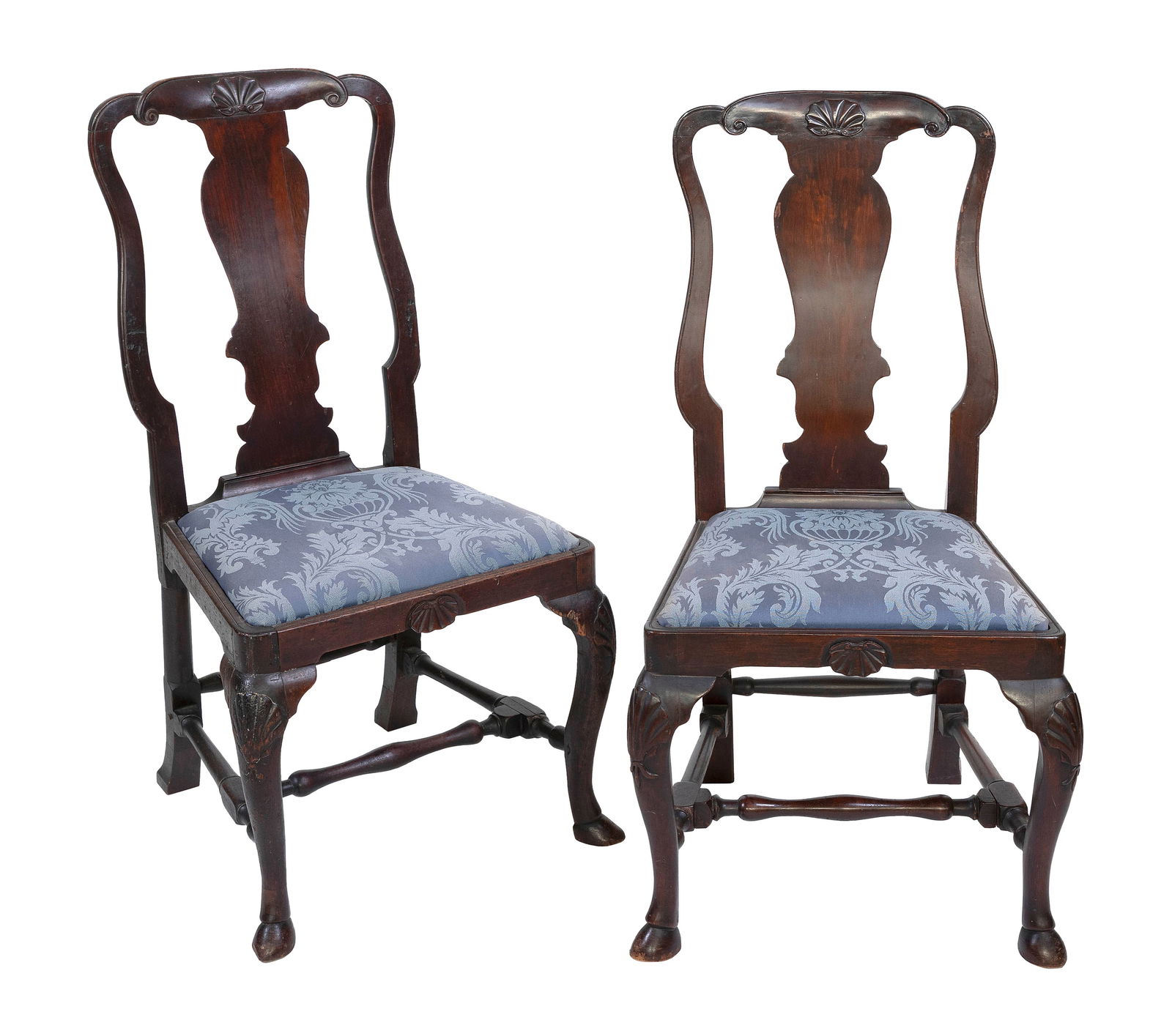 NEAR-PAIR OF ENGLISH QUEEN ANNE WALNUT SIDE CHAIRS 19th Century Back heights 40". Seat heights 18".: NEAR-PAIR OF ENGLISH QUEEN ANNE WALNUT SIDE CHAIRS 19th Century One Early 19th Century and one later. Crest rails and knees with matching shell carvings. Hoof feet. Back heights 40". Seat heights 18".