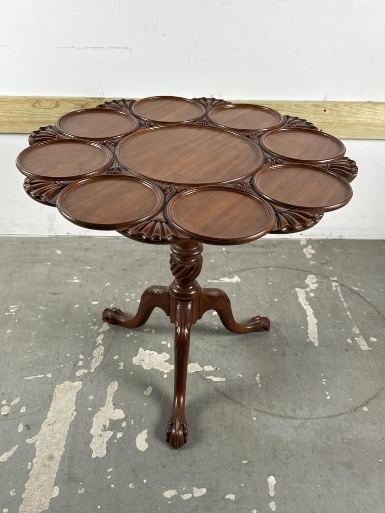 CHIPPENDALE-STYLE MAHOGANY TILT-TOP SUPPER OR SERVING TABLE 20th Century Height 27.5". Top diameter: CHIPPENDALE-STYLE MAHOGANY TILT-TOP SUPPER OR SERVING TABLE 20th Century Lobed top with eight plate wells, a larger central well, and floral and fan carvings. Turned pedestal. Claw & ball feet.
