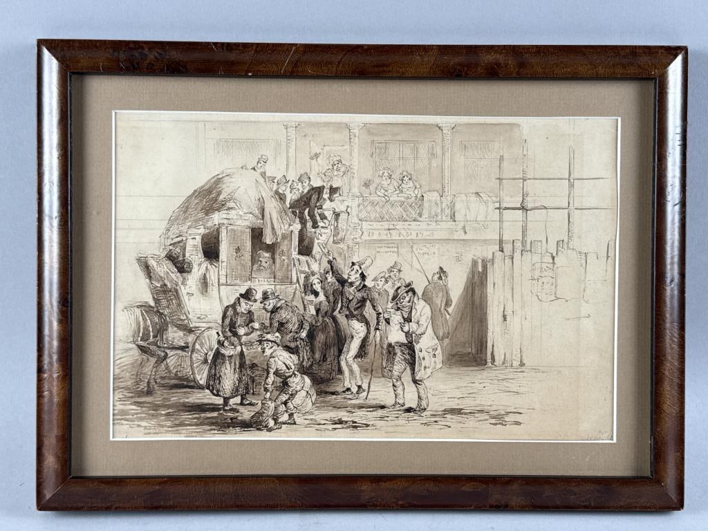 PEN AND INK DRAWING OF A STREET SCENE Likely England, 19th Century 7.5" x 11.75" sight. Framed 11" x: PEN AND INK DRAWING OF A STREET SCENE Likely England, 19th Century Depicts several figures by a carriage. 7.5" x 11.75" sight. Framed 11" x 15.25".