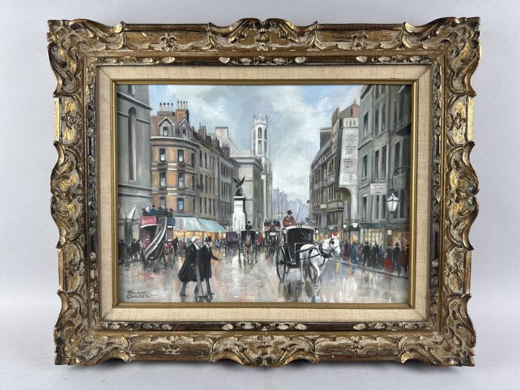 ROLAND OXFORD DAVIES (United Kingdom, 1904-1983), London street scene., Oil on canvas, 12" x 16".: ROLAND OXFORD DAVIES United Kingdom, 1904-1983 London street scene. Signed lower left "Roland Davies". Oil on canvas, 12" x 16". Framed 17" x 21".