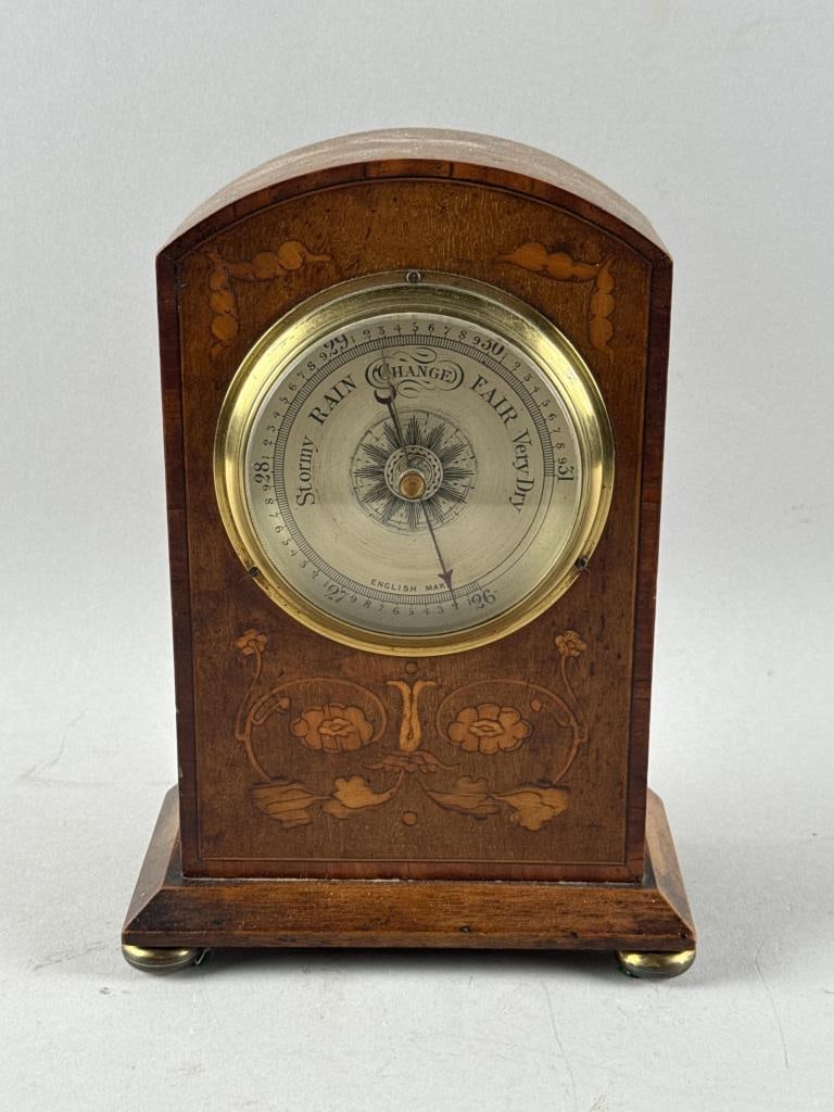 ENGLISH DESKTOP BAROMETER 20th Century Height 9".: ENGLISH DESKTOP BAROMETER 20th Century Mahogany case with fruitwood floral inlay. Height 9".