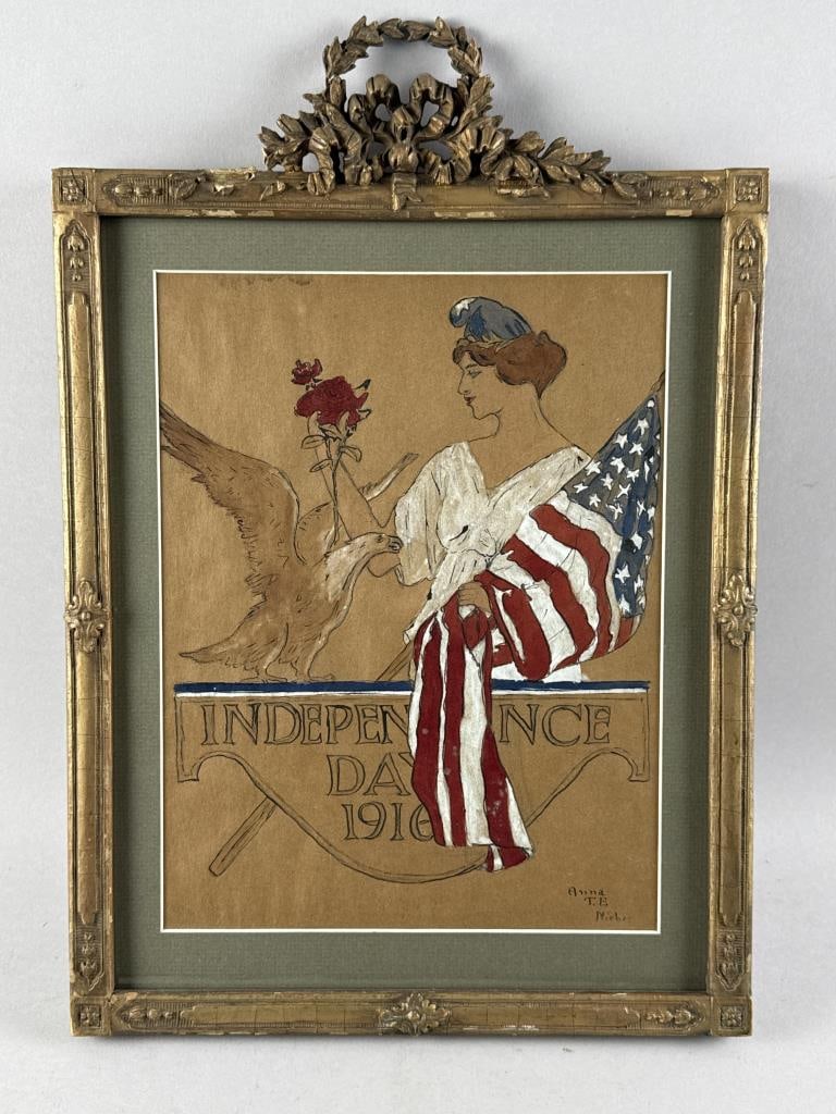SKETCH OF LADY LIBERTY Circa 1916 Pen and gouache, 11.5" x 9". Framed 18" x 12".: SKETCH OF LADY LIBERTY Circa 1916 "Independence Day 1916", depicting Liberty with a flag, a red rose and an eagle. Signed lower right "Anna T.E. Nieber". Pen and gouache, 11.5" x 9". Framed 18" x 12".