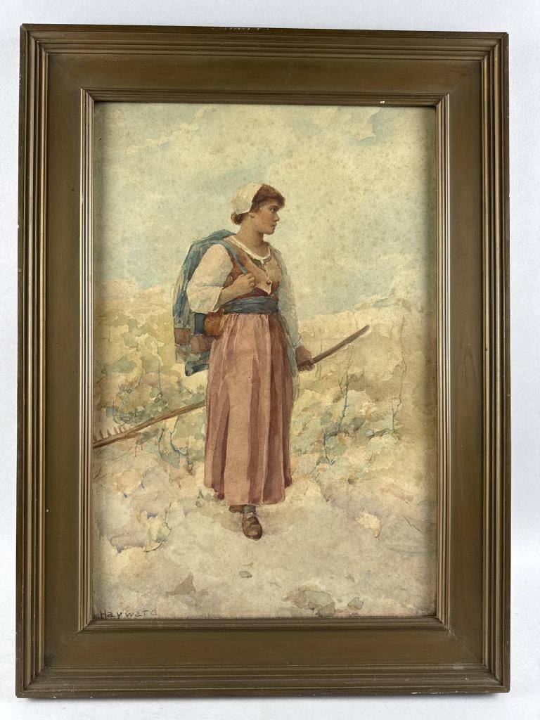 CONTINENTAL SCHOOL (Early 20th Century,), A female traveler., Watercolor on paper, 18.5" x 12.5": CONTINENTAL SCHOOL Early 20th Century A female traveler. Signed lower left "Hayward". Watercolor on paper, 18.5" x 12.5" sight. Framed 23.5" x 17.5".